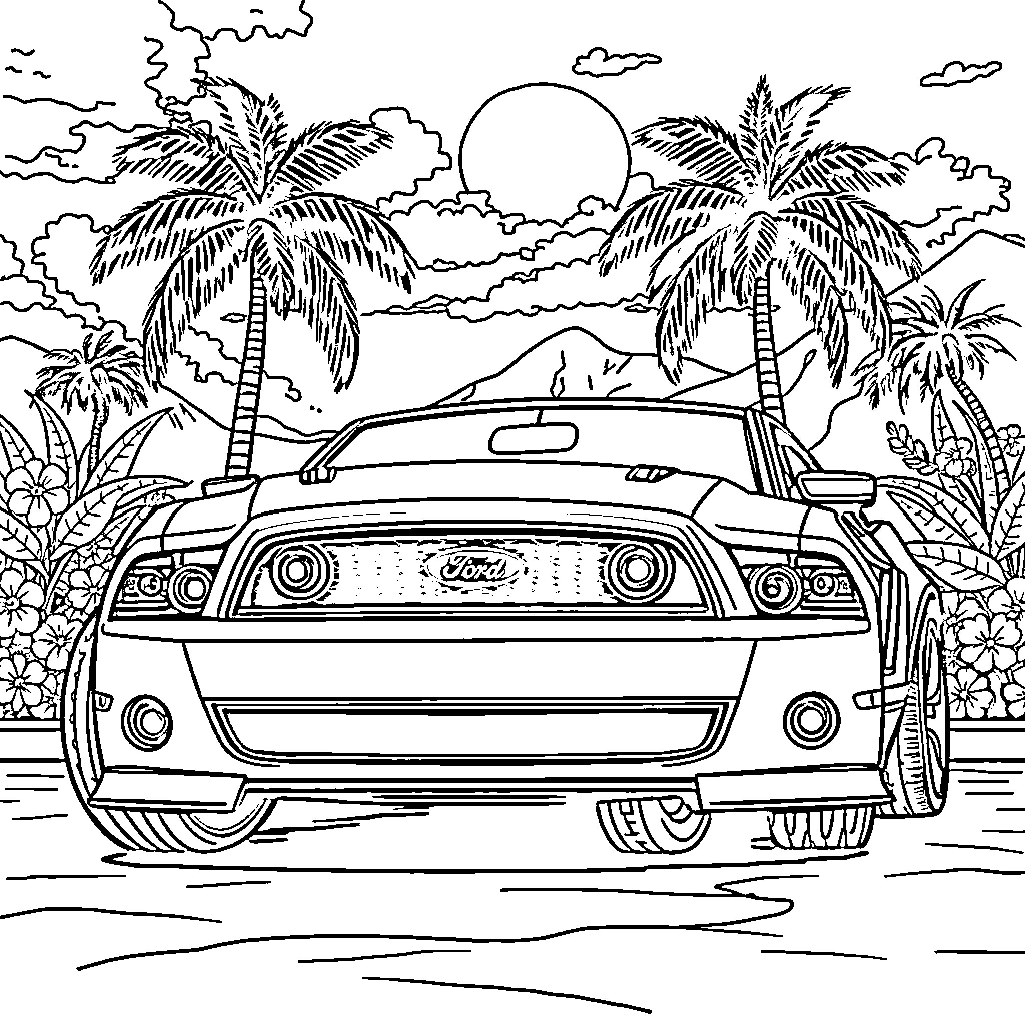 Ford Mustang in tropical paradise Coloring Page (free black-and-white line drawing printable PDF for all, from beginners to advanced learners, including children, teens, adults, and seniors)
