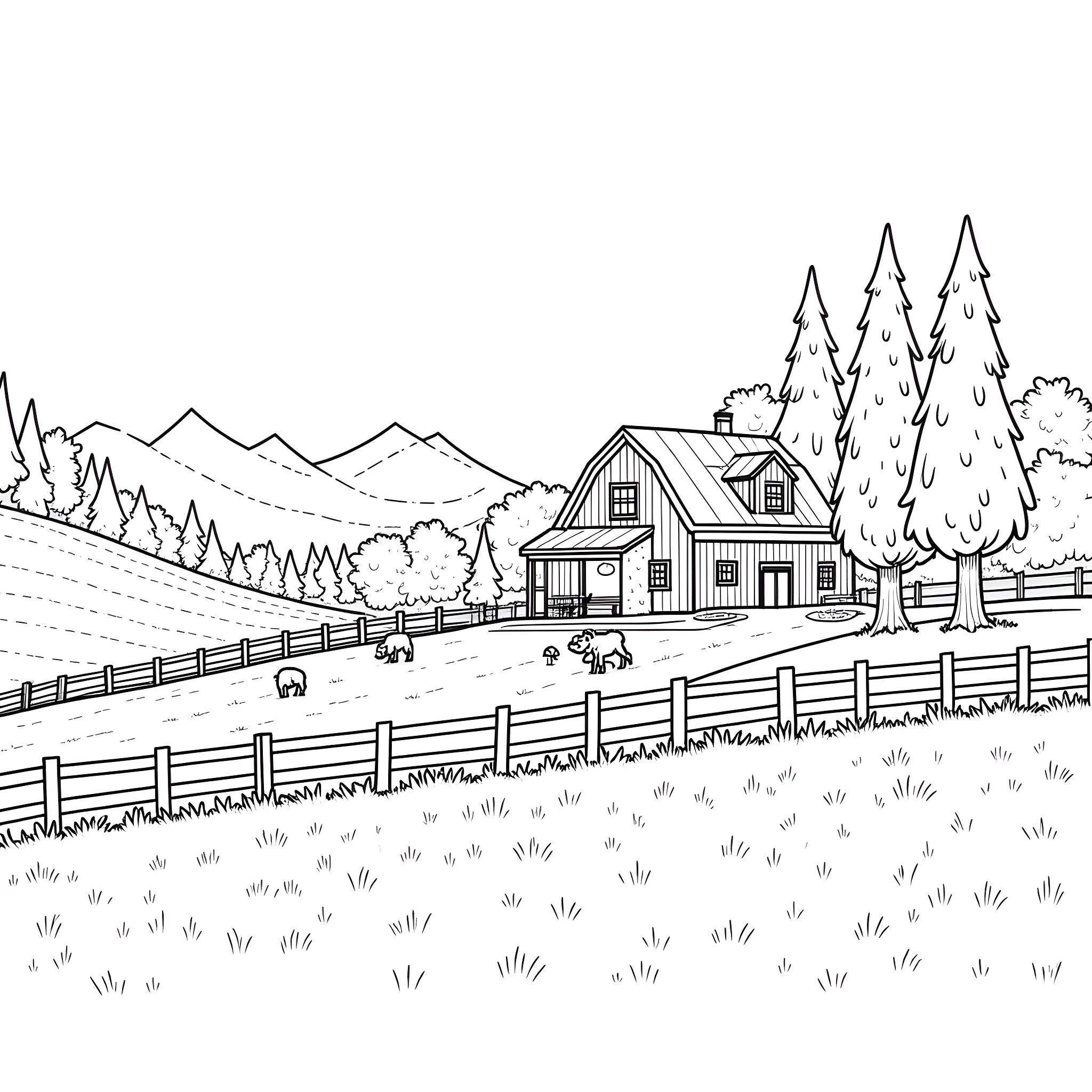 Farm House with Livestock in Scenic Rural Landscape Coloring Page (free black-and-white line drawing printable PDF for all, from beginners to advanced learners, including children, teens, adults, and seniors)