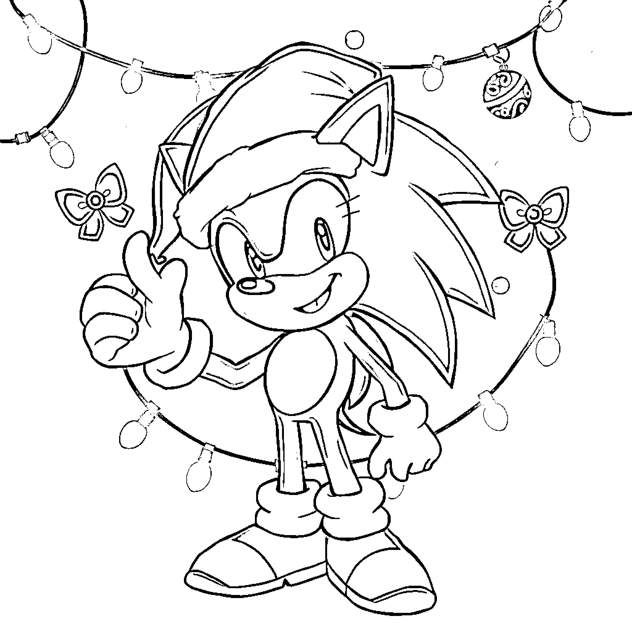 Sonic Celebrating with Festive Decorations Coloring Page (free black-and-white line drawing printable PDF for all, from beginners to advanced learners, including children, teens, adults, and seniors)