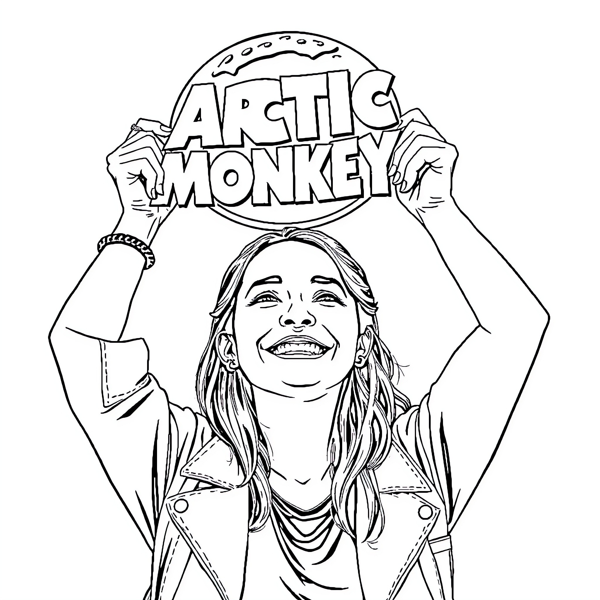 Olivia Rodrigo posing joyfully with 'Arctic Monkey' banner Coloring Page (free black-and-white line drawing printable PDF for all, from beginners to advanced learners, including children, teens, adults, and seniors)