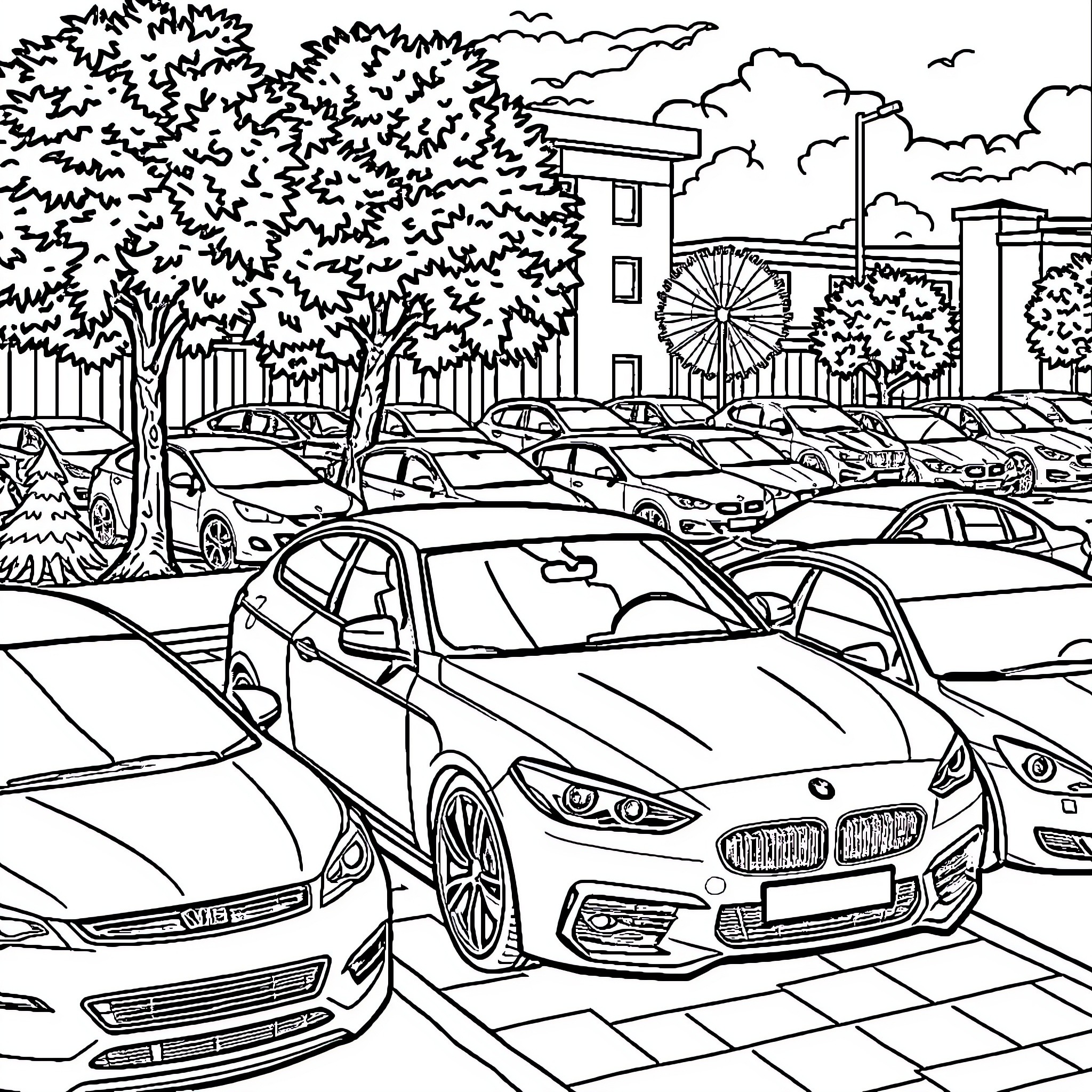 Cars parked in a crowded urban scene Coloring Page (free black-and-white line drawing printable PDF for all, from beginners to advanced learners, including children, teens, adults, and seniors)