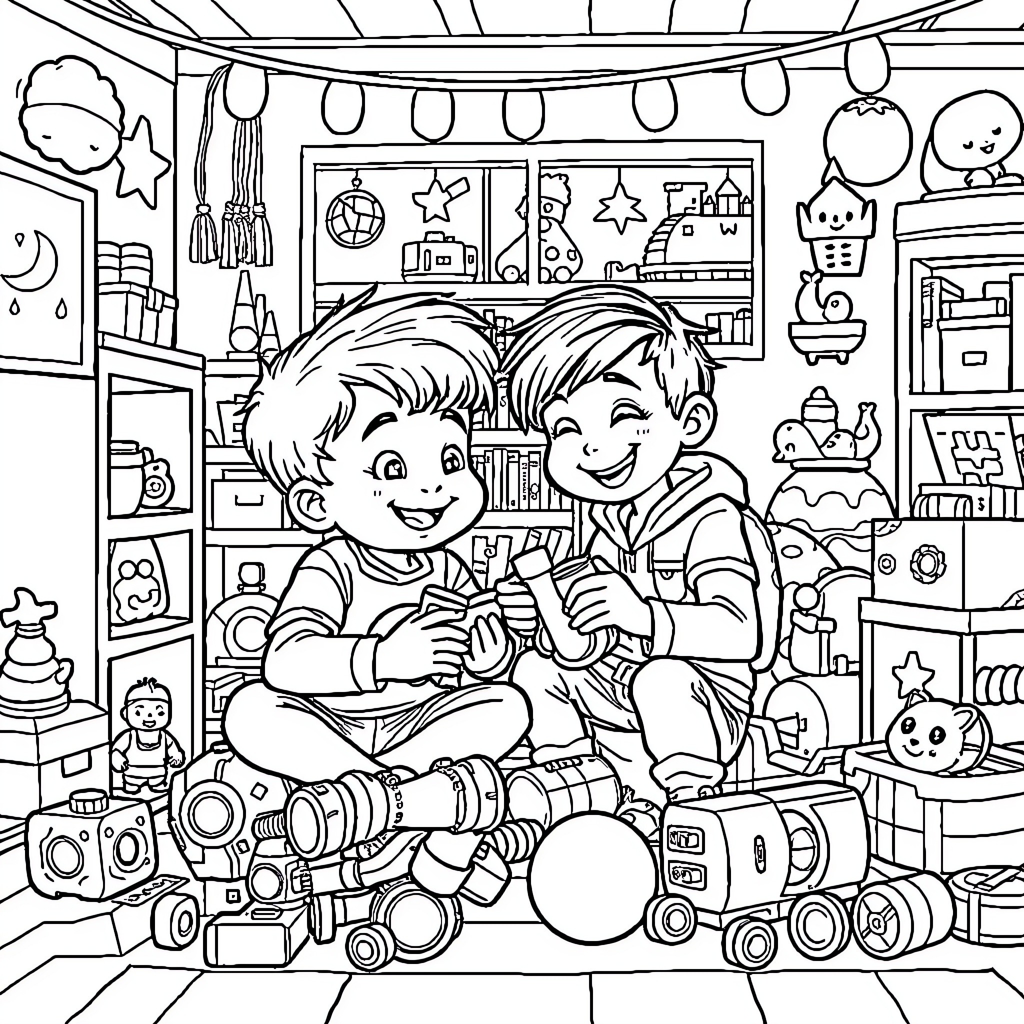 Vlad y Niki playing with toys in their room Coloring Page (free black-and-white line drawing printable PDF for all, from beginners to advanced learners, including children, teens, adults, and seniors)