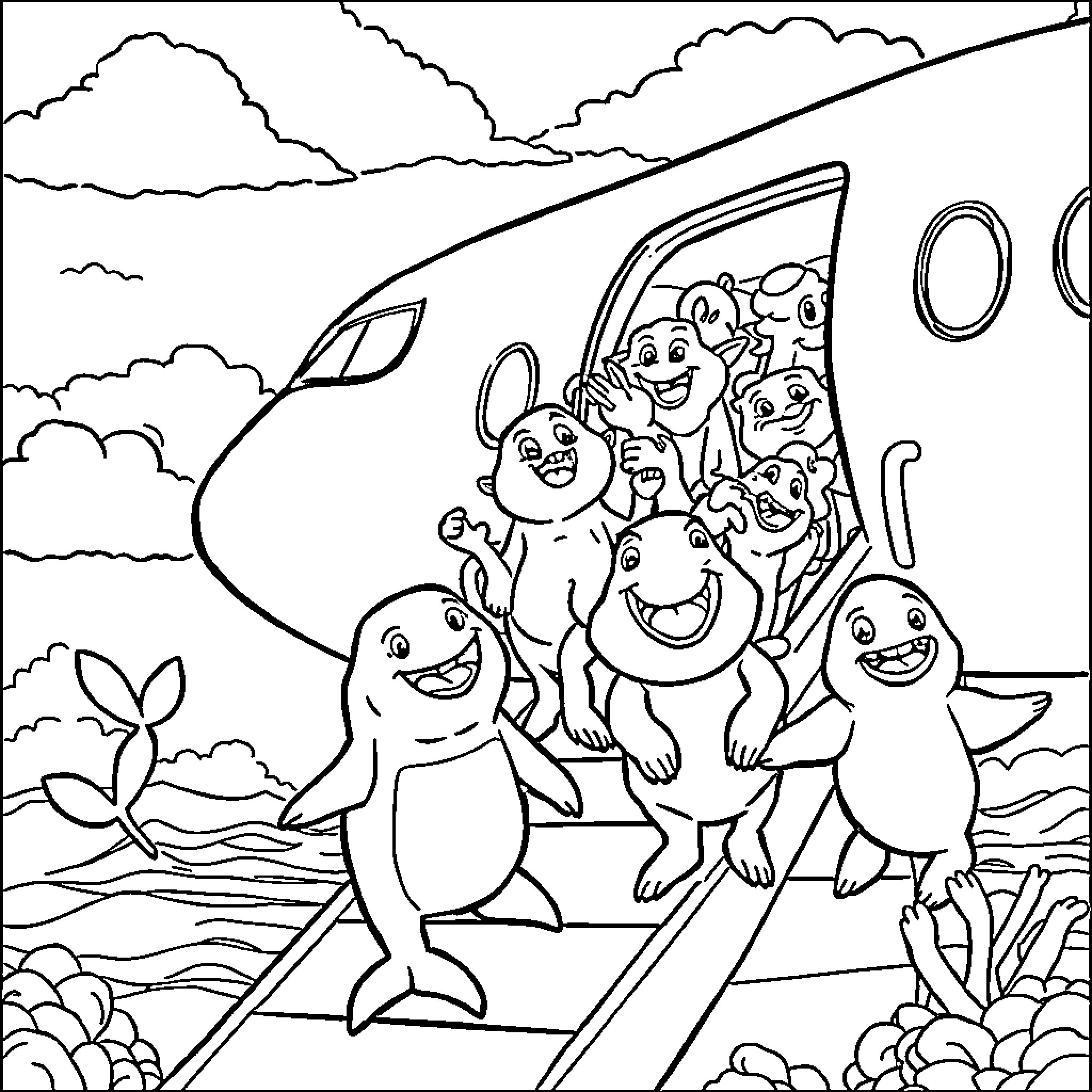 Sea Animals Happily Traveling on a Train Coloring Page (free black-and-white line drawing printable PDF for all, from beginners to advanced learners, including children, teens, adults, and seniors)