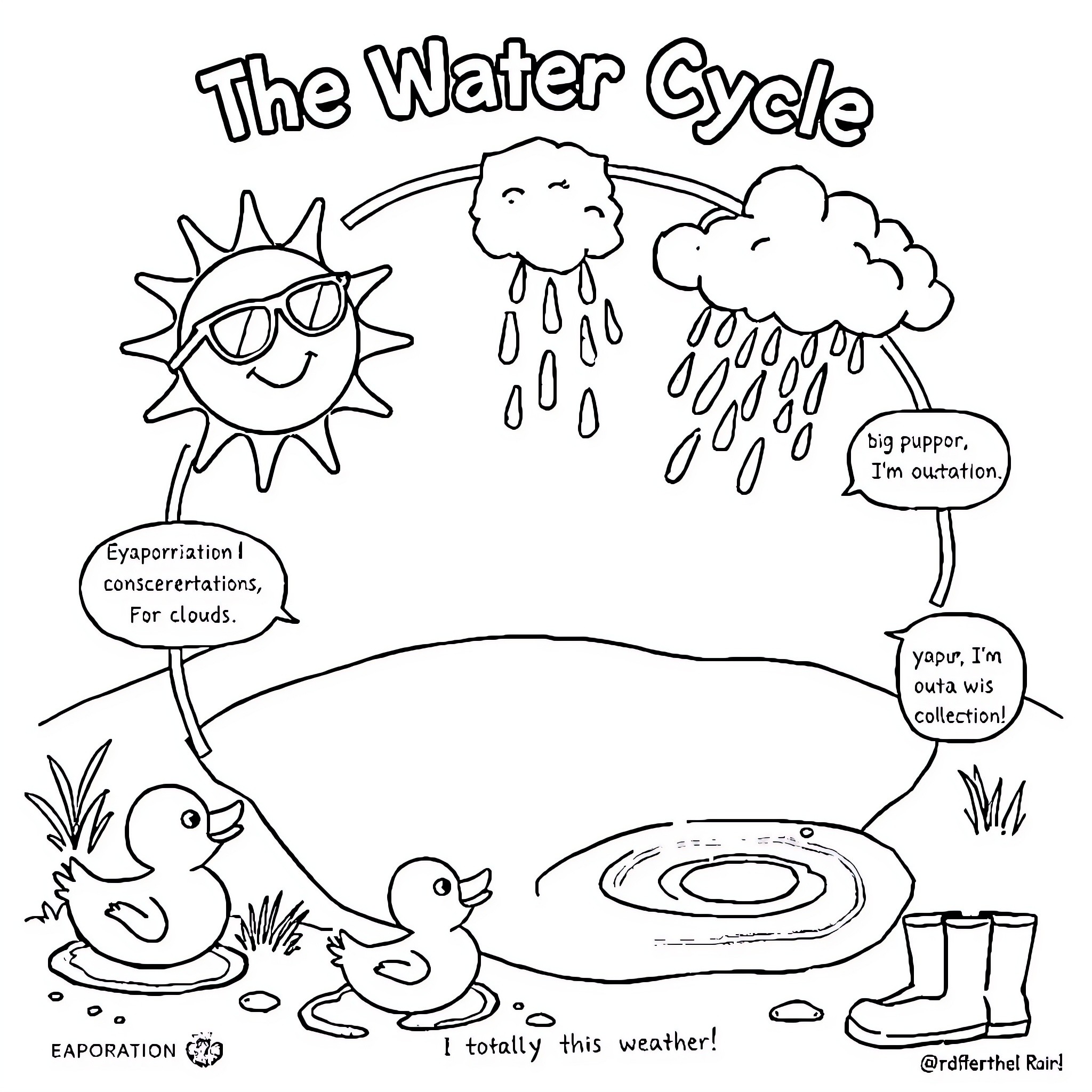Water Cycle: Cartoon Scene with Sun, Clouds, and Ducks Coloring Page (free black-and-white line drawing printable PDF for all, from beginners to advanced learners, including children, teens, adults, and seniors)