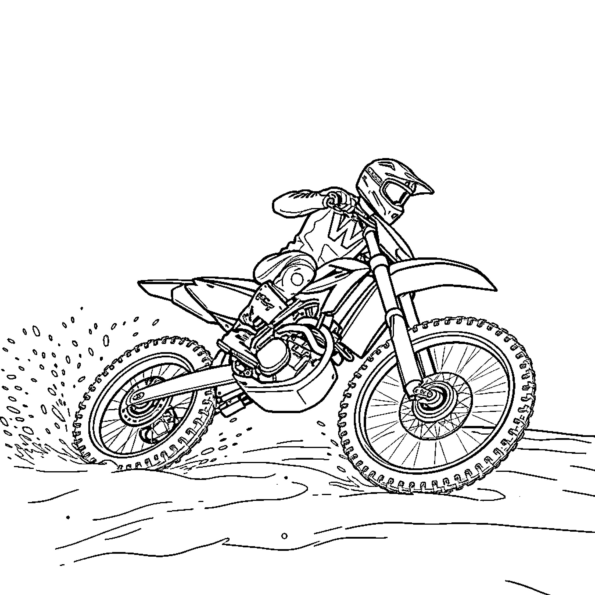 Motocross rider racing in the outdoors Coloring Page (free black-and-white line drawing printable PDF for all, from beginners to advanced learners, including children, teens, adults, and seniors)