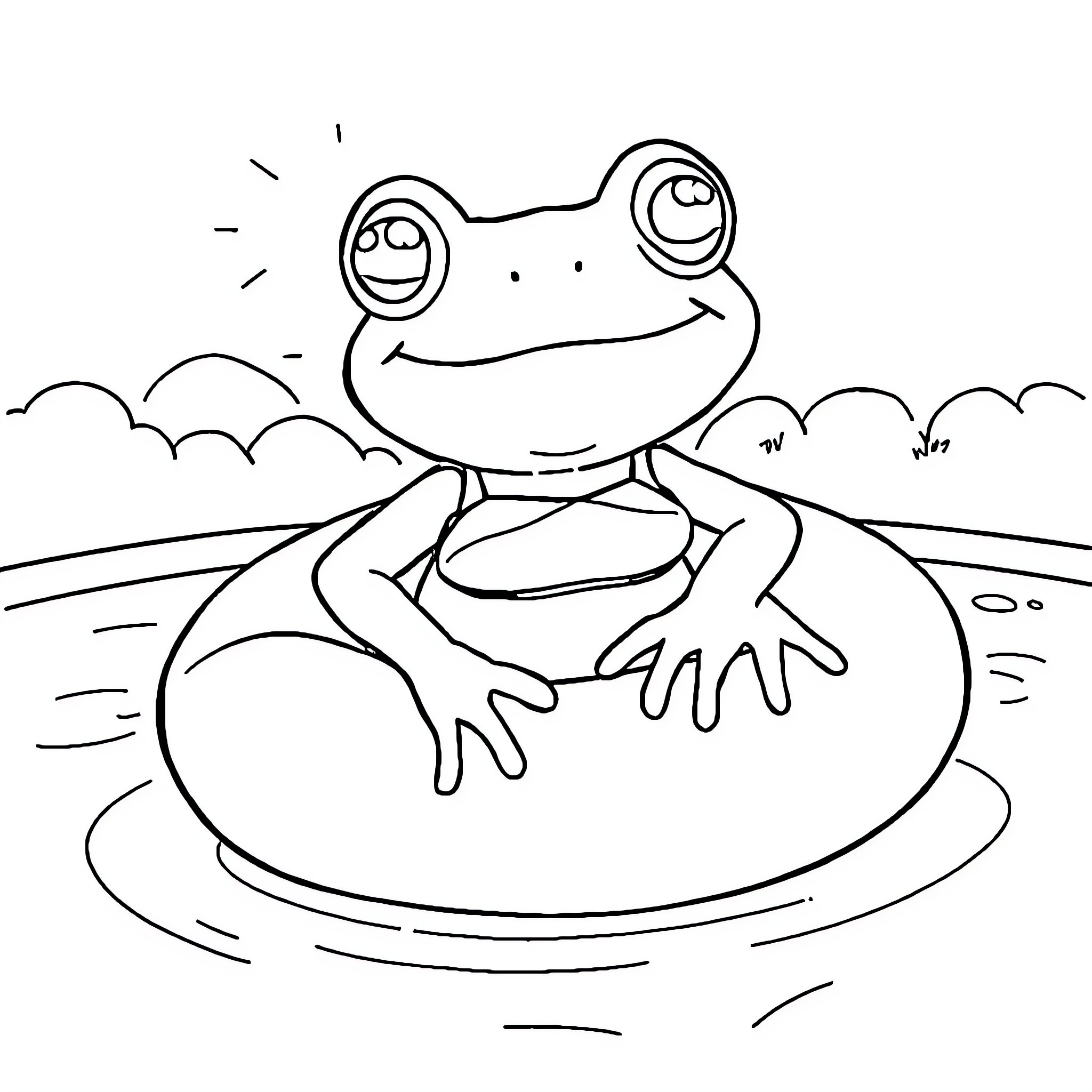 Frog relaxing on a lily pad Coloring Page (free black-and-white line drawing printable PDF for all, from beginners to advanced learners, including children, teens, adults, and seniors)