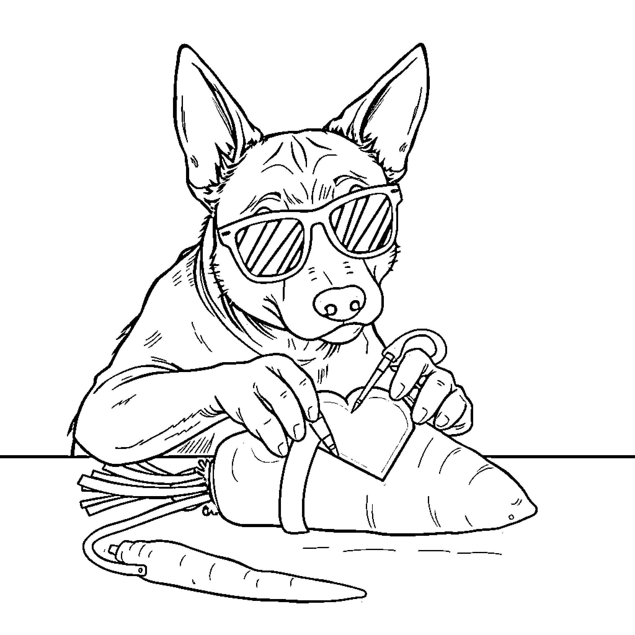 Dog wearing sunglasses and carrying a surfboard Coloring Page (free black-and-white line drawing printable PDF for all, from beginners to advanced learners, including children, teens, adults, and seniors)