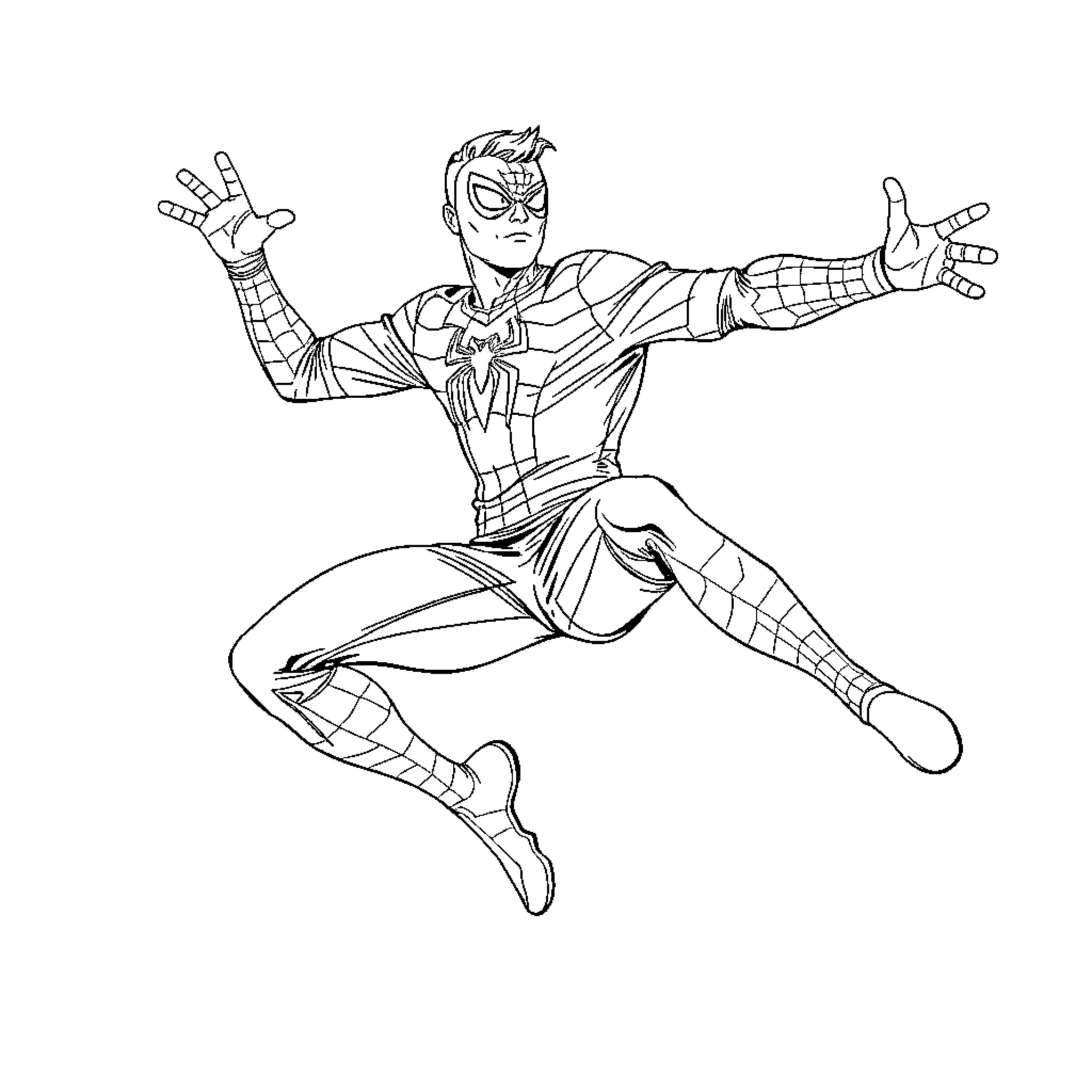 Ronaldo as Spider-Man swinging in action Coloring Page (free black-and-white line drawing printable PDF for all, from beginners to advanced learners, including children, teens, adults, and seniors)