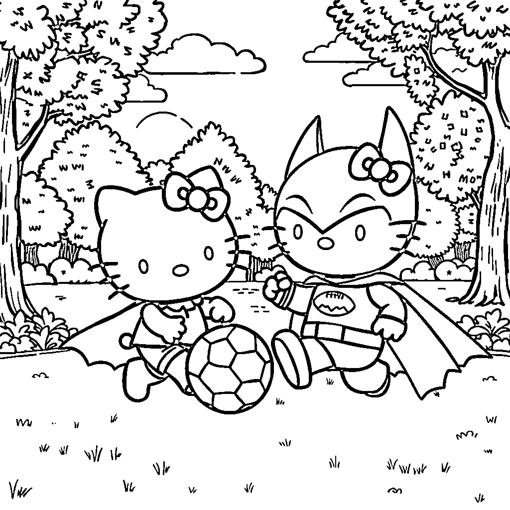 Hello Kitty and Bat Friend Enjoy Outdoor Adventure Coloring Page (free black-and-white line drawing printable PDF for all, from beginners to advanced learners, including children, teens, adults, and seniors)