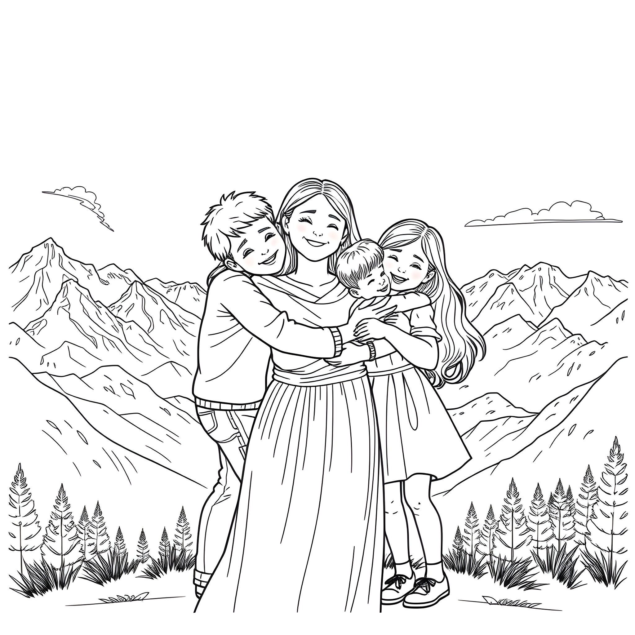 Mom Embracing Her Children in the Mountains Coloring Page (free black-and-white line drawing printable PDF for all, from beginners to advanced learners, including children, teens, adults, and seniors)