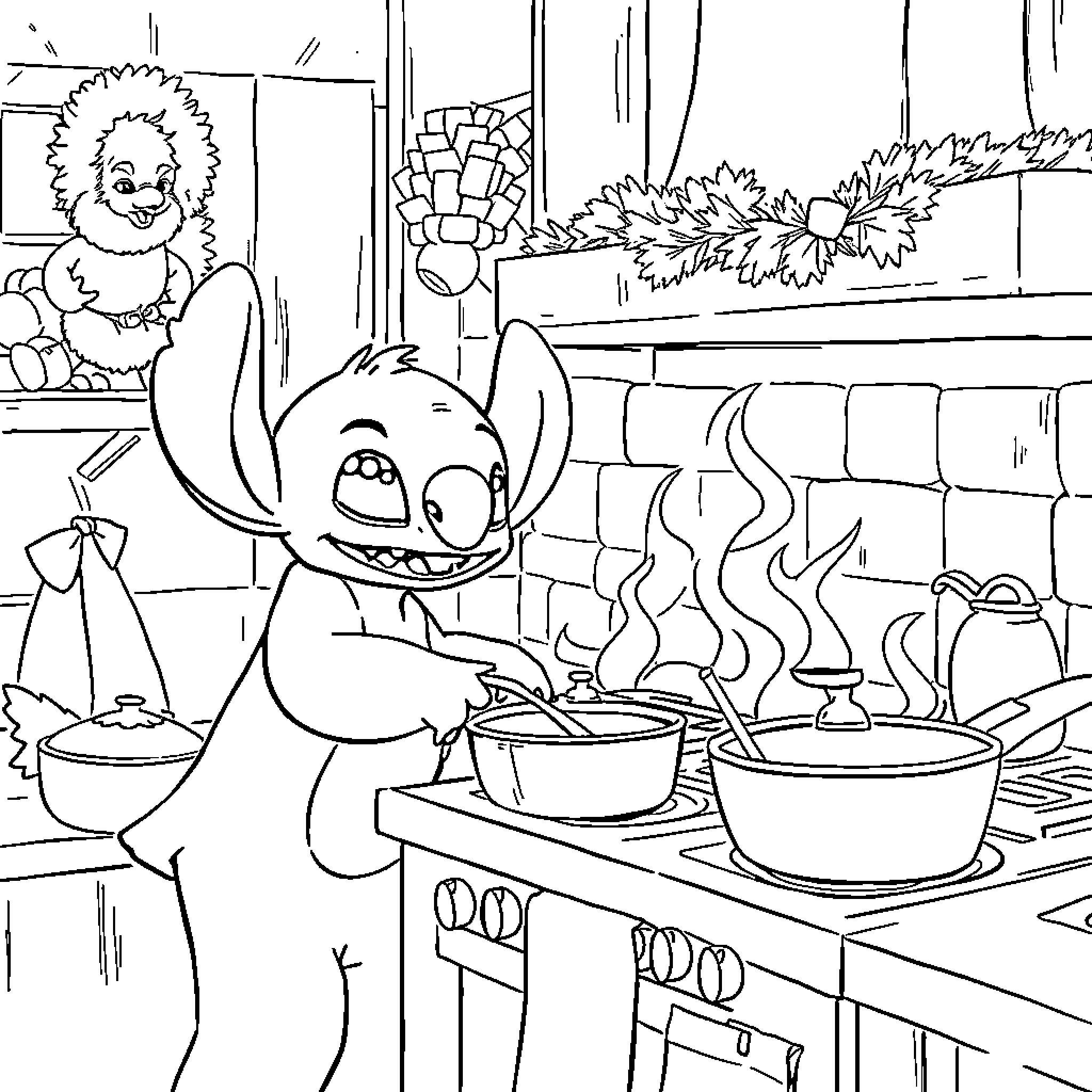 Stitch cooking a delicious meal in the kitchen Coloring Page (free black-and-white line drawing printable PDF for all, from beginners to advanced learners, including children, teens, adults, and seniors)