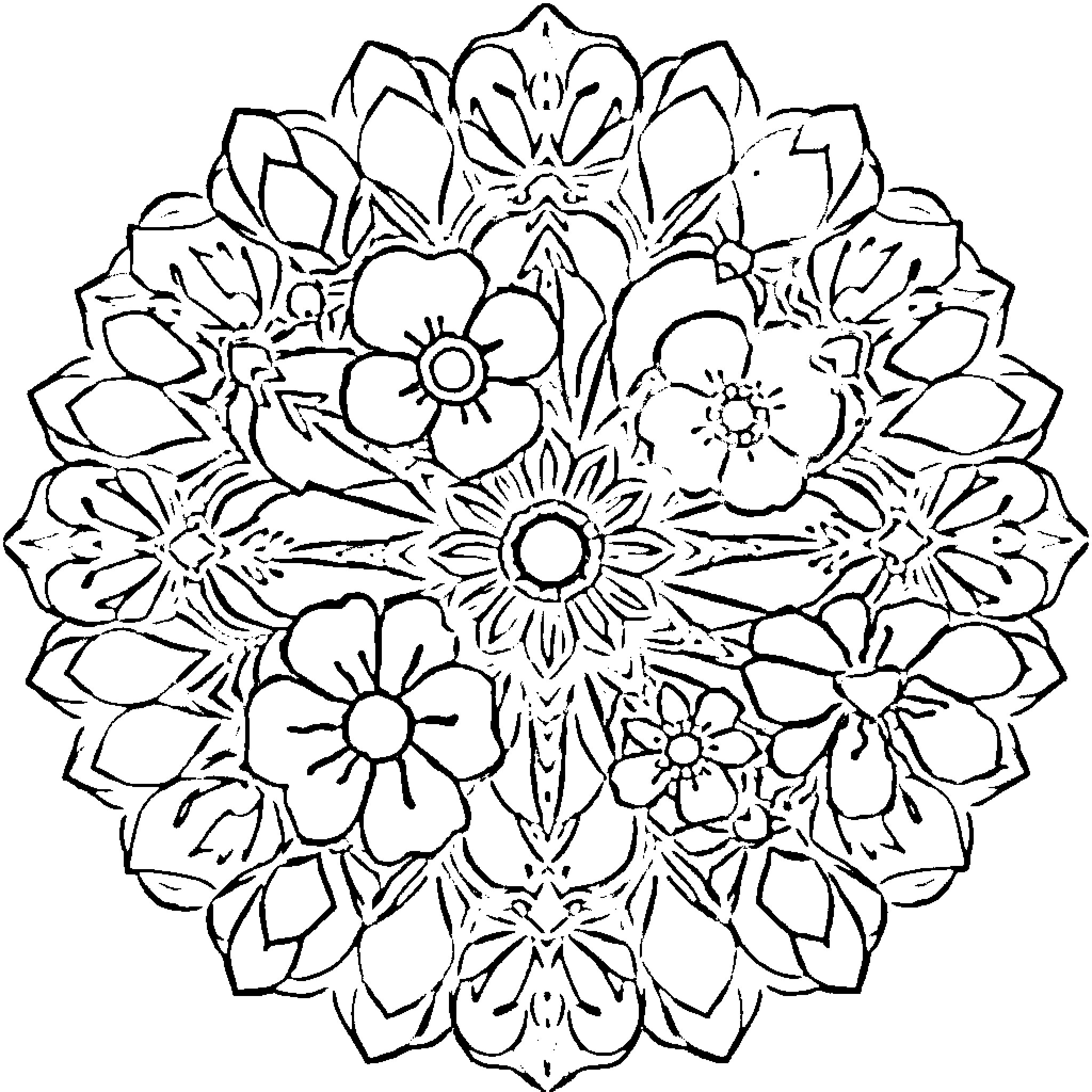 Mandala with intricate floral patterns Coloring Page (free black-and-white line drawing printable PDF for all, from beginners to advanced learners, including children, teens, adults, and seniors)
