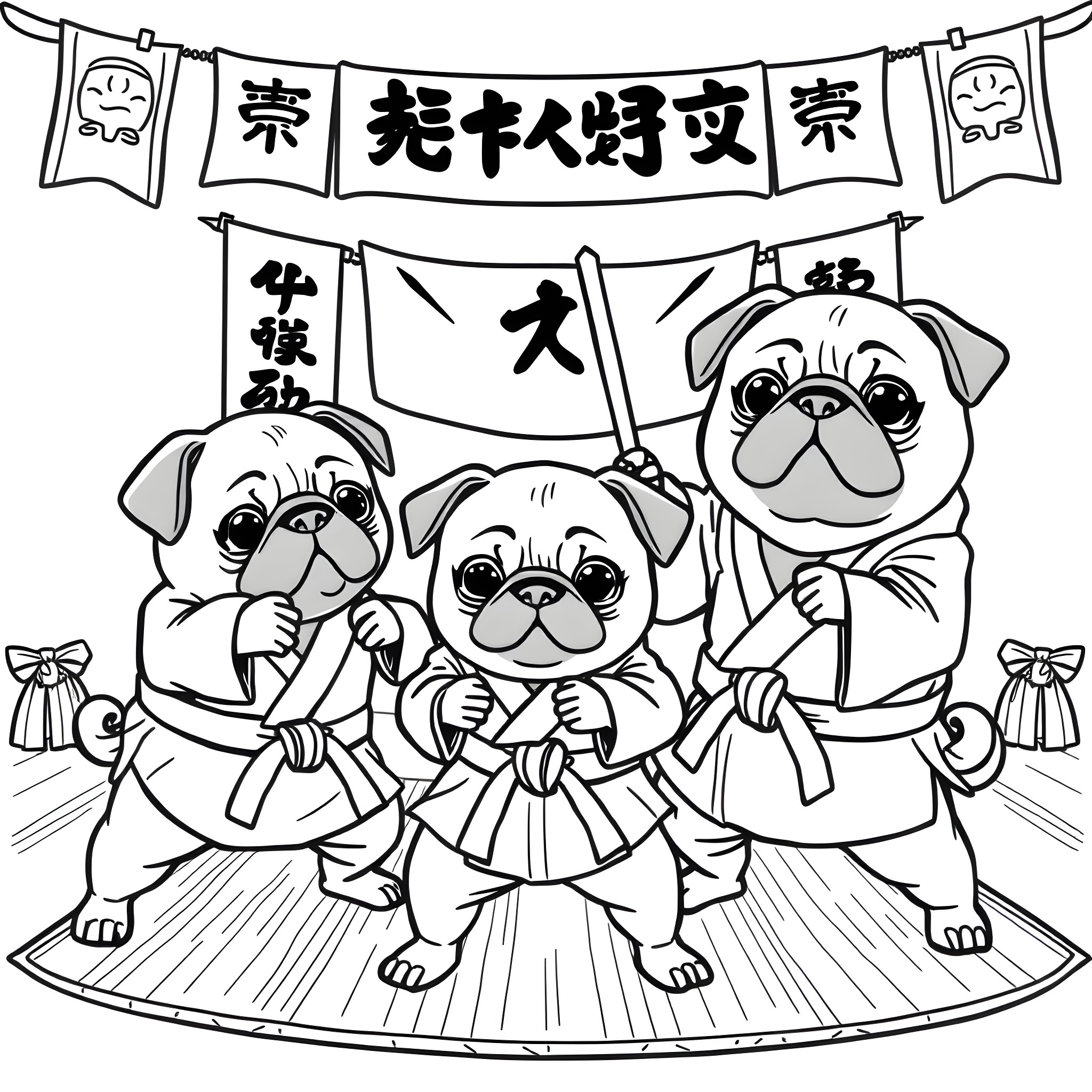 Pug Martial Artists Performing in a Parade Coloring Page (free black-and-white line drawing printable PDF for all, from beginners to advanced learners, including children, teens, adults, and seniors)