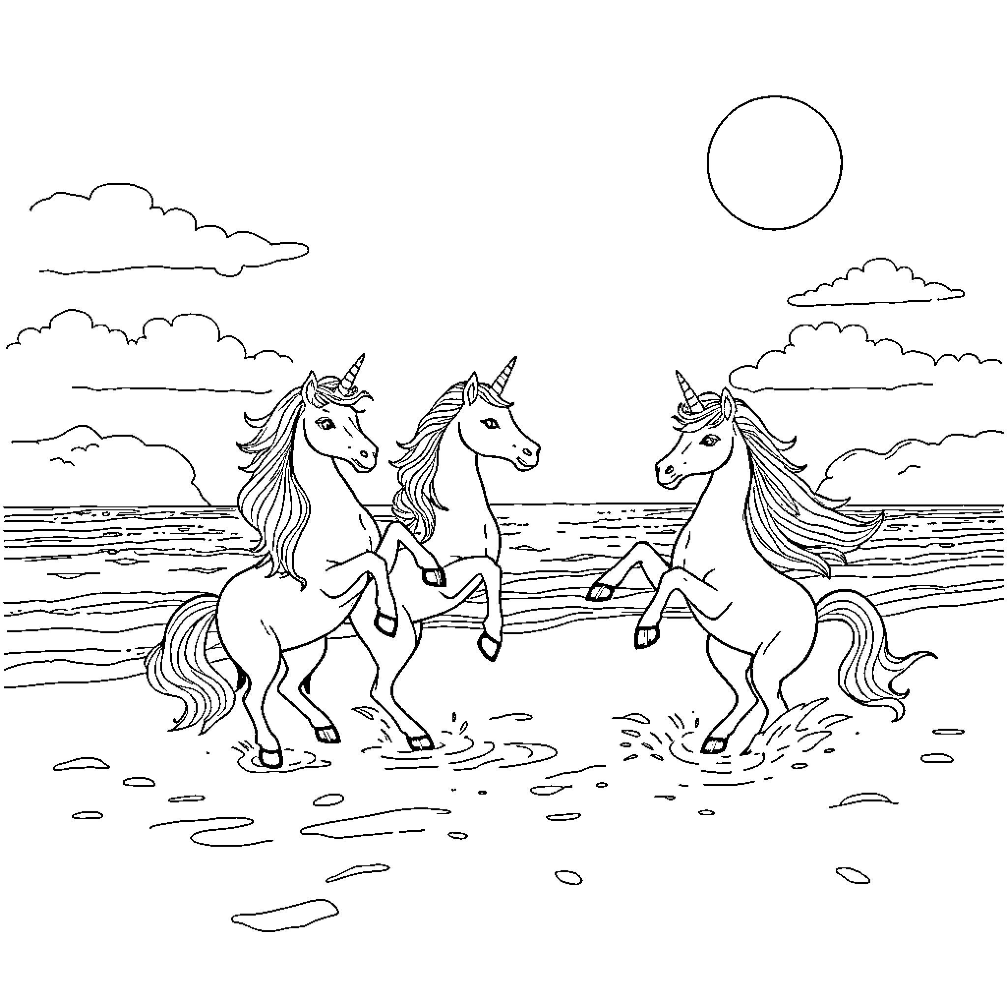 Unicorn Trio Frolicking on the Beach Coloring Page (free black-and-white line drawing printable PDF for all, from beginners to advanced learners, including children, teens, adults, and seniors)
