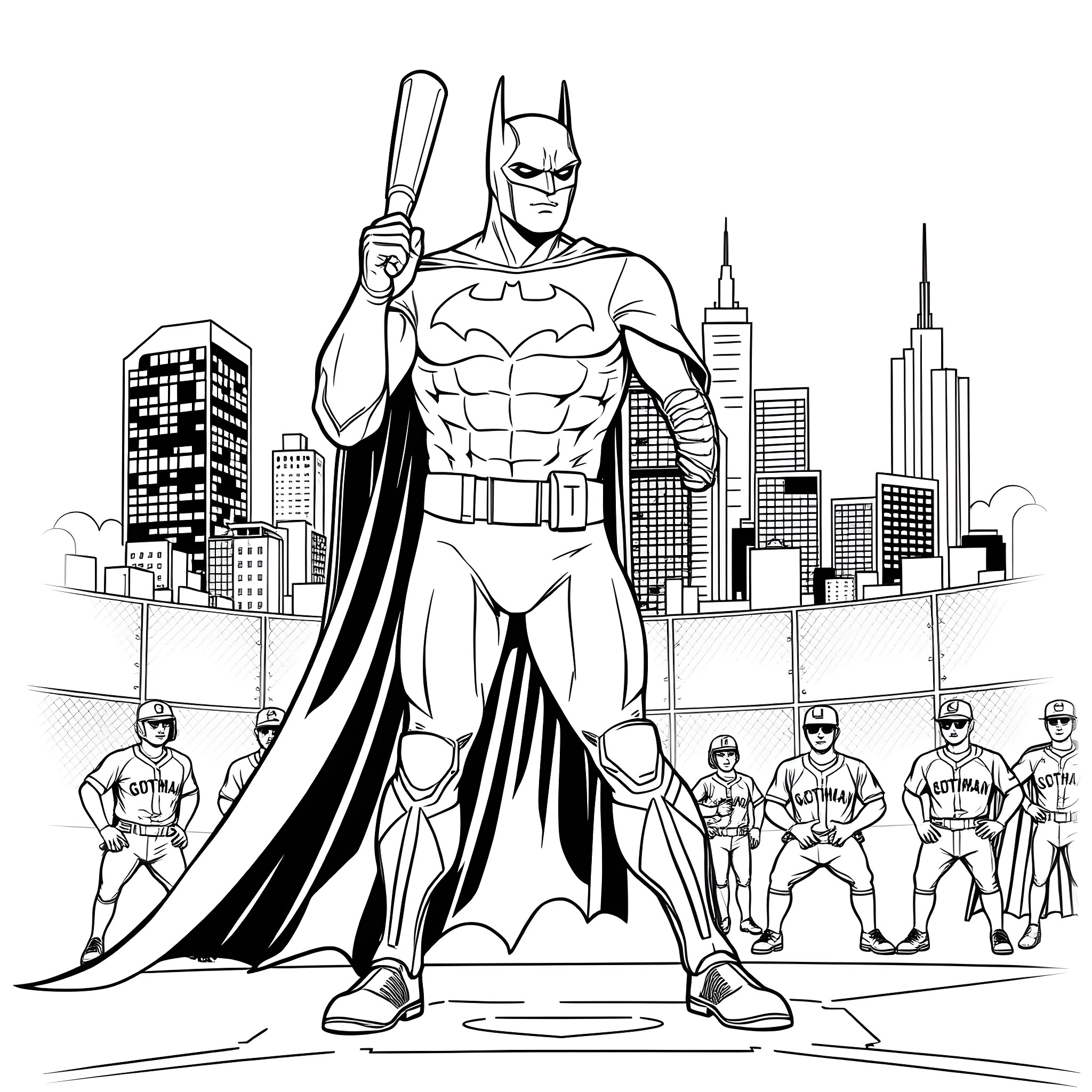 Batman Heroically Stands Tall Amidst Cityscape Coloring Page (free black-and-white line drawing printable PDF for all, from beginners to advanced learners, including children, teens, adults, and seniors)