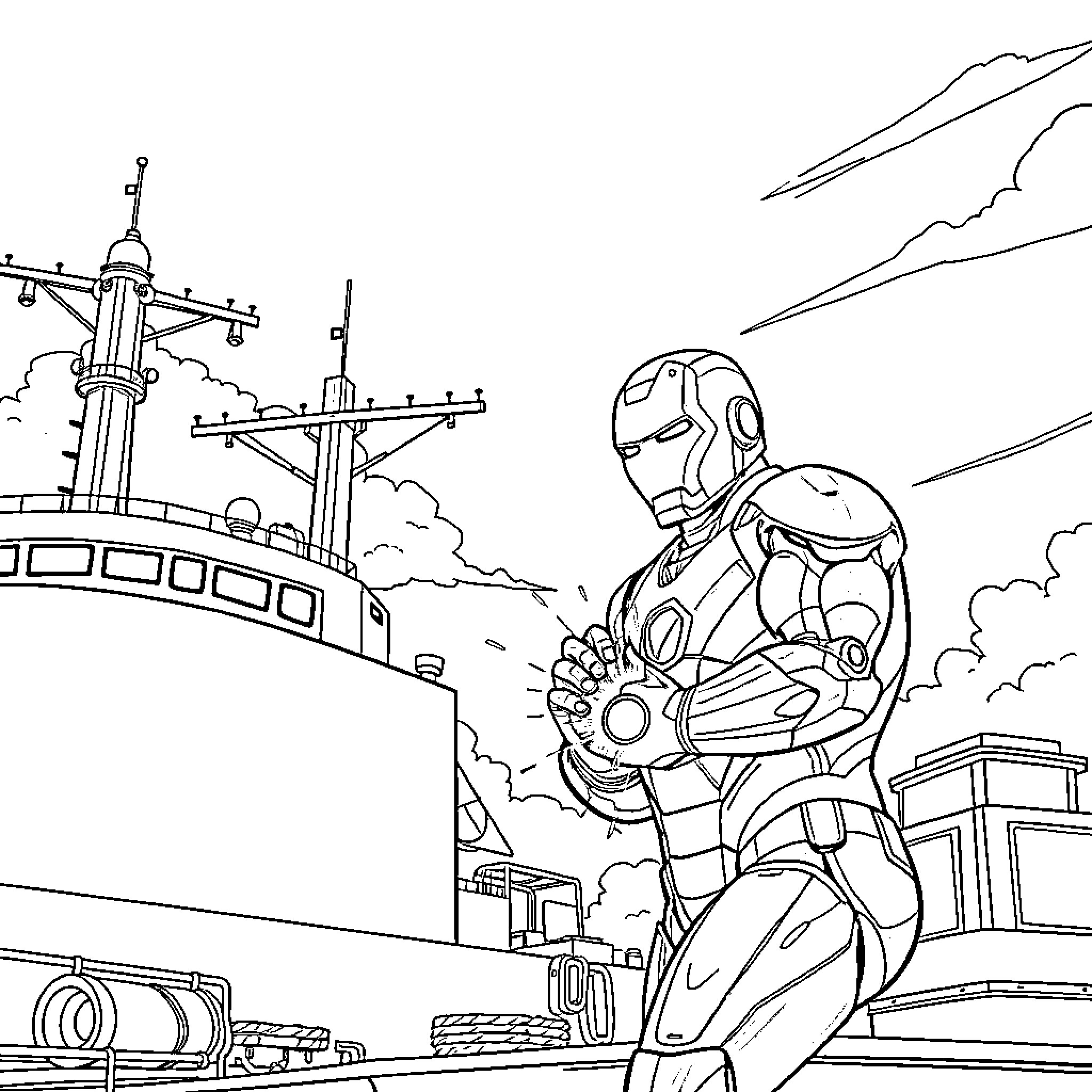 Ironman soaring over a futuristic city Coloring Page (free black-and-white line drawing printable PDF for all, from beginners to advanced learners, including children, teens, adults, and seniors)