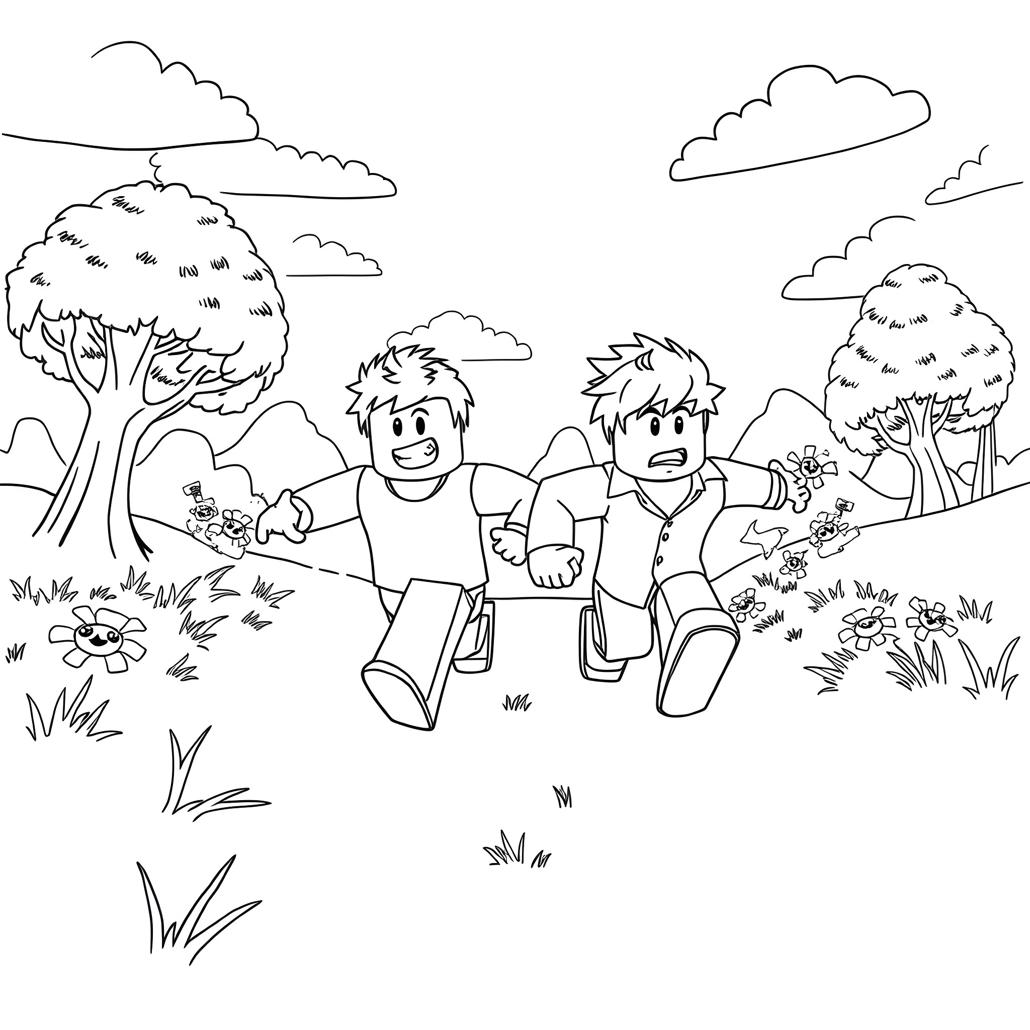 YouTube Creator Enjoying Nature with Friends Coloring Page (free black-and-white line drawing printable PDF for all, from beginners to advanced learners, including children, teens, adults, and seniors)