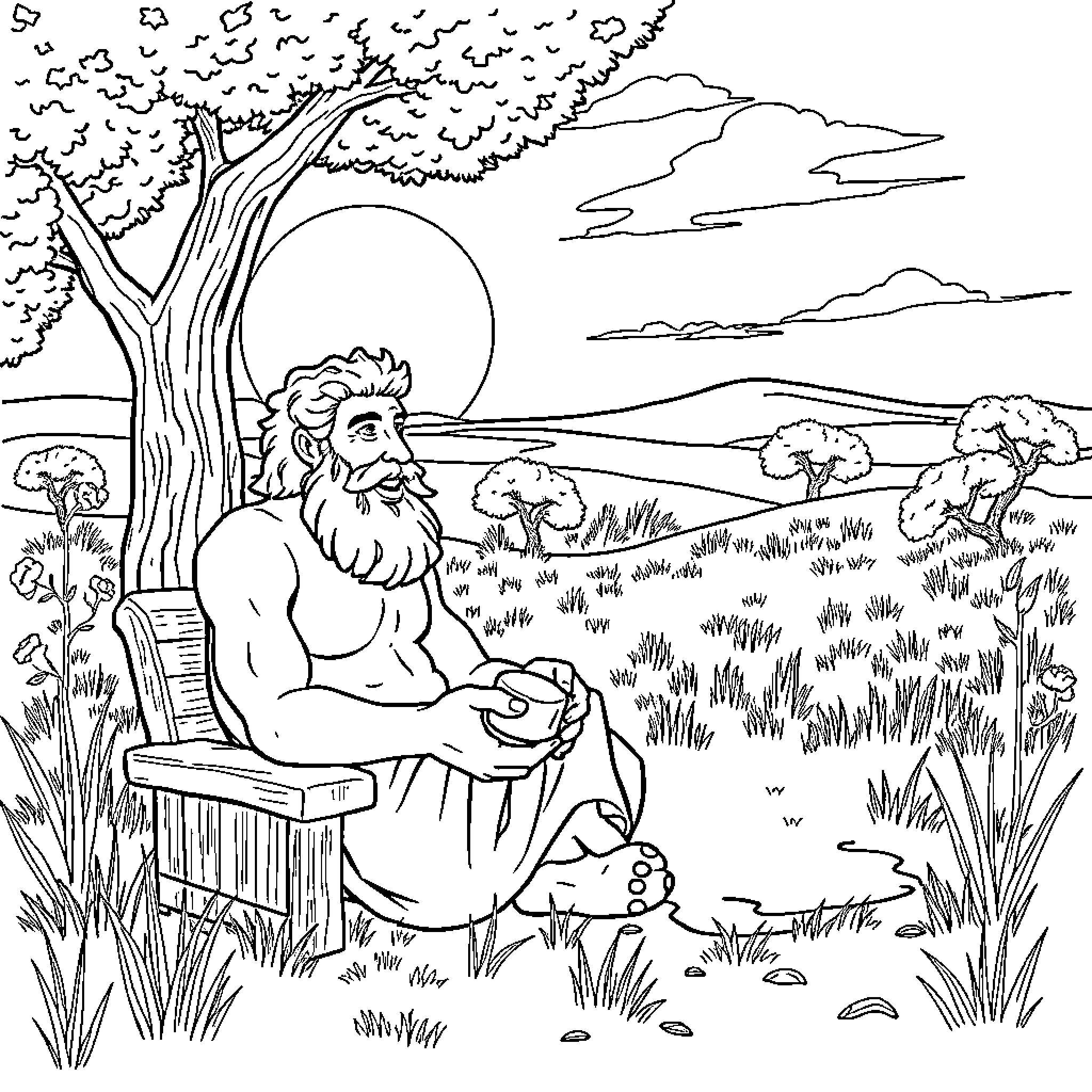 Aeschylus Contemplating Nature's Serenity Coloring Page (free black-and-white line drawing printable PDF for all, from beginners to advanced learners, including children, teens, adults, and seniors)