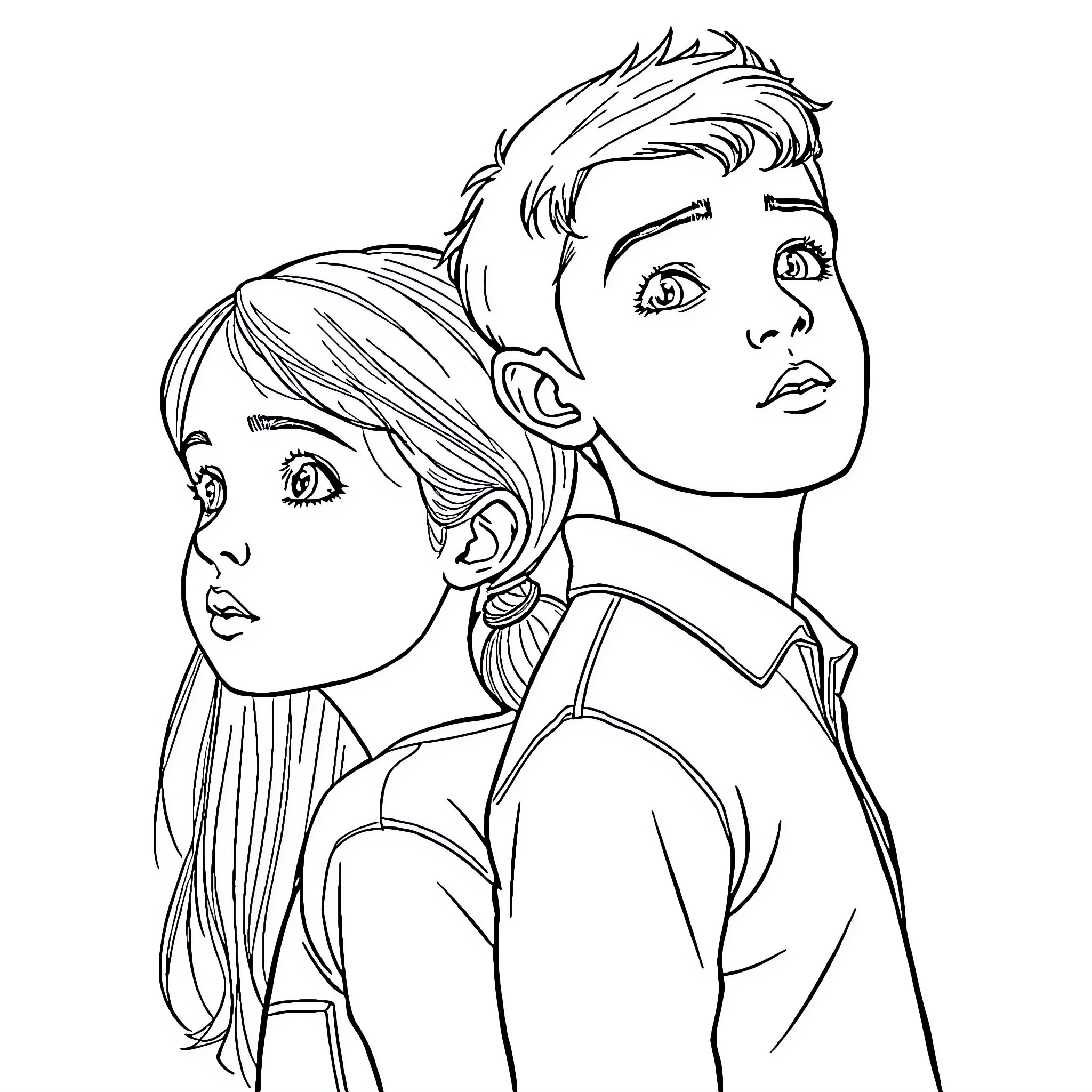 Boy and Girl Friends Enjoying Each Other's Company Coloring Page (free black-and-white line drawing printable PDF for all, from beginners to advanced learners, including children, teens, adults, and seniors)