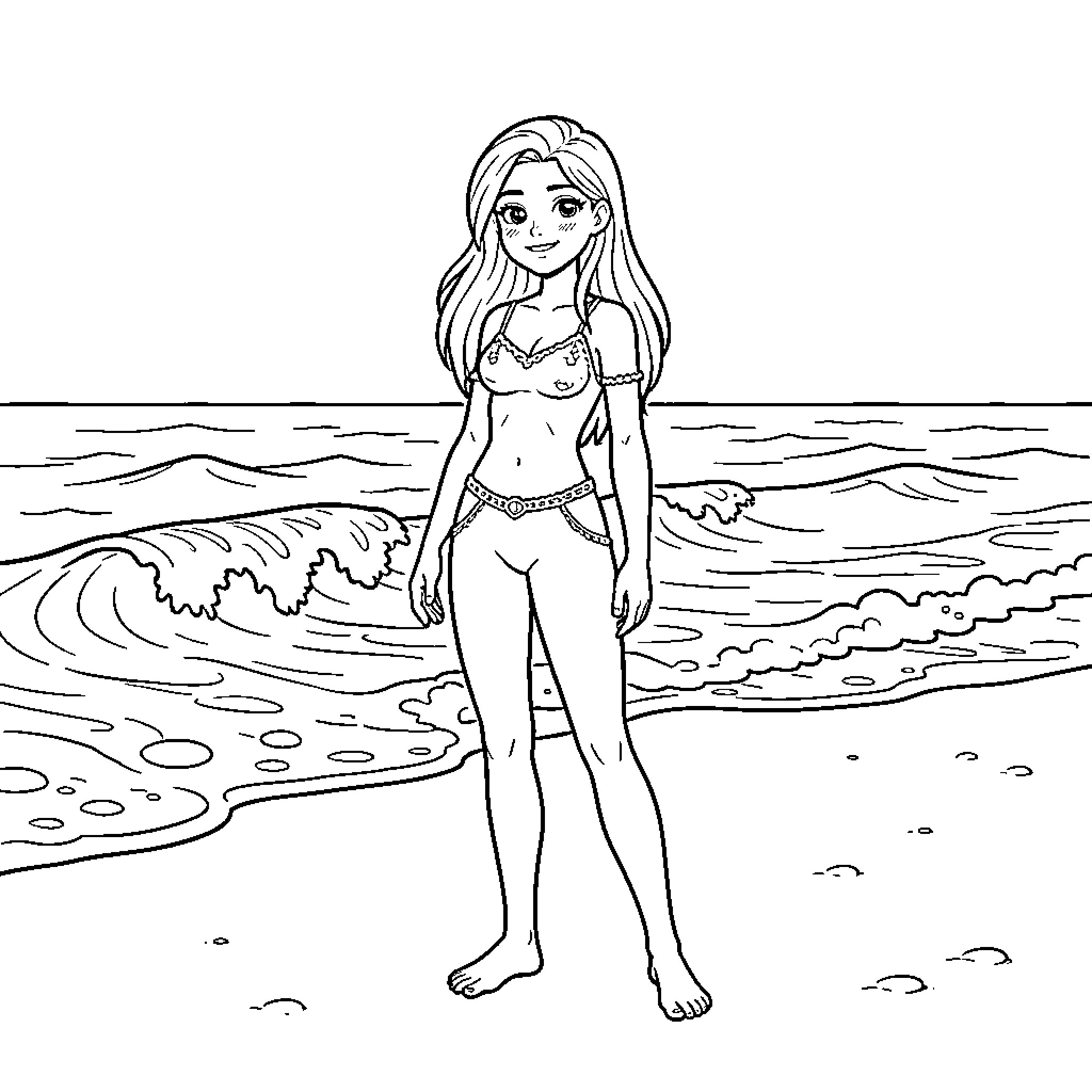 Elza standing confidently on a sunny beach Coloring Page (free black-and-white line drawing printable PDF for all, from beginners to advanced learners, including children, teens, adults, and seniors)