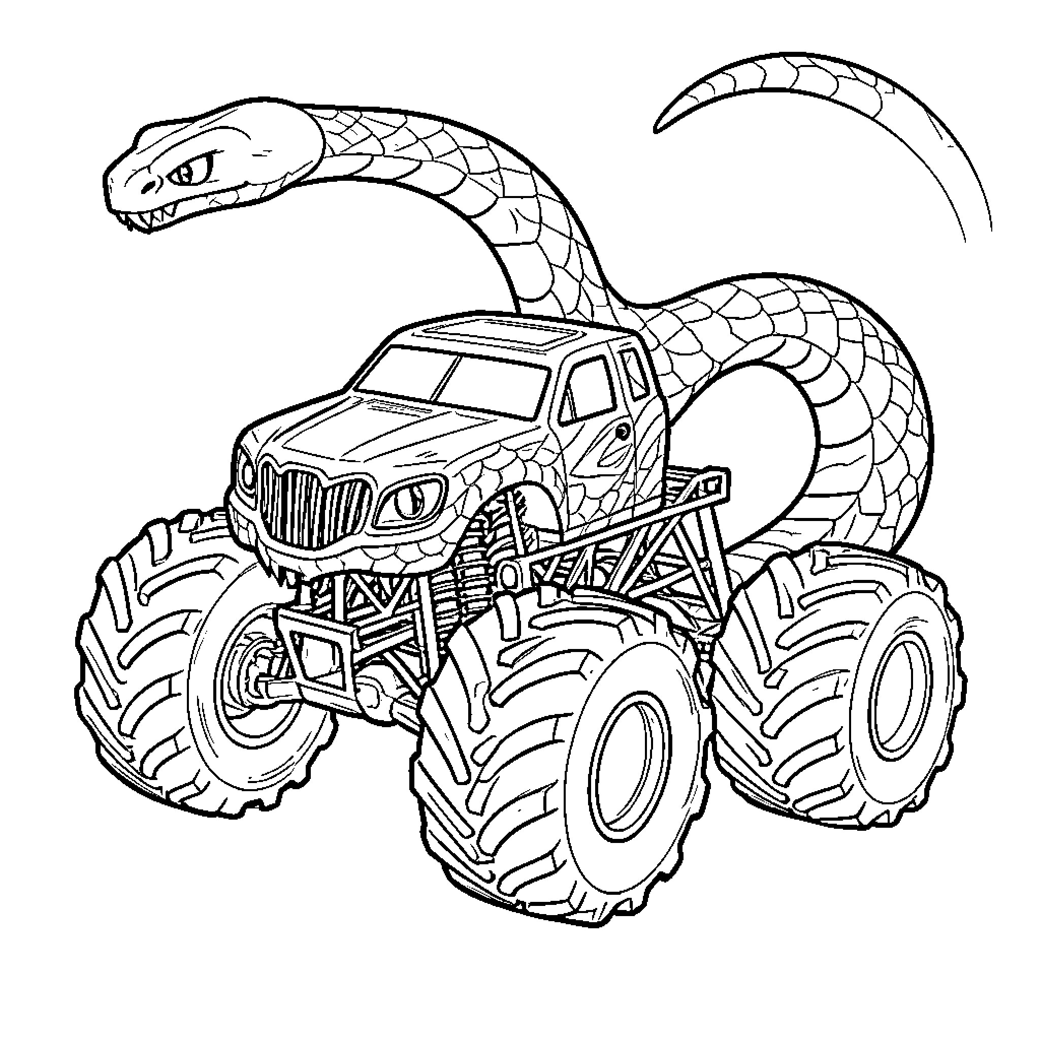 Monstertruck with a large snake coiled around it Coloring Page (free black-and-white line drawing printable PDF for all, from beginners to advanced learners, including children, teens, adults, and seniors)
