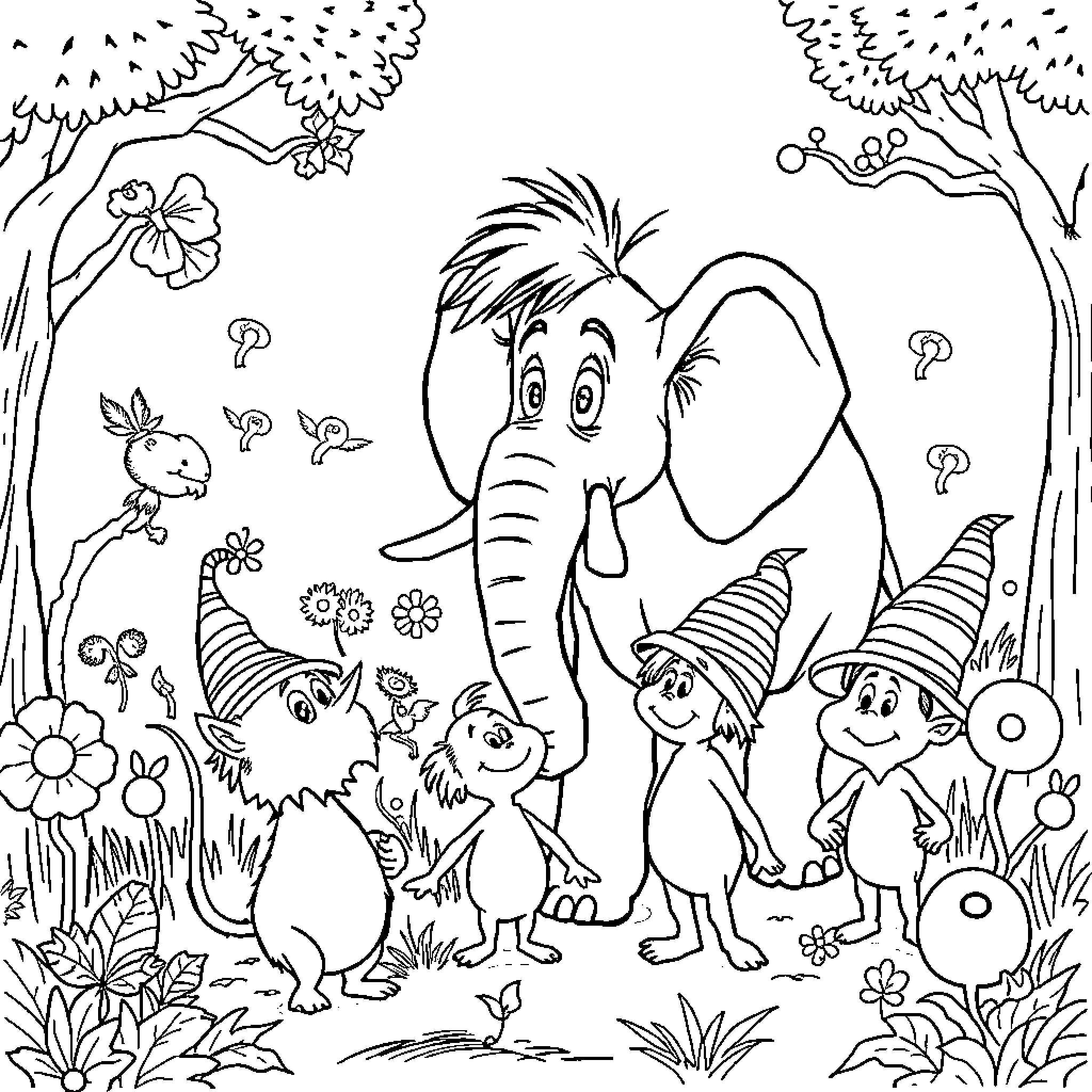 Horton Hears a Who: Elephant and Whimsical Characters in Lush Jungle Coloring Page (free black-and-white line drawing printable PDF for all, from beginners to advanced learners, including children, teens, adults, and seniors)