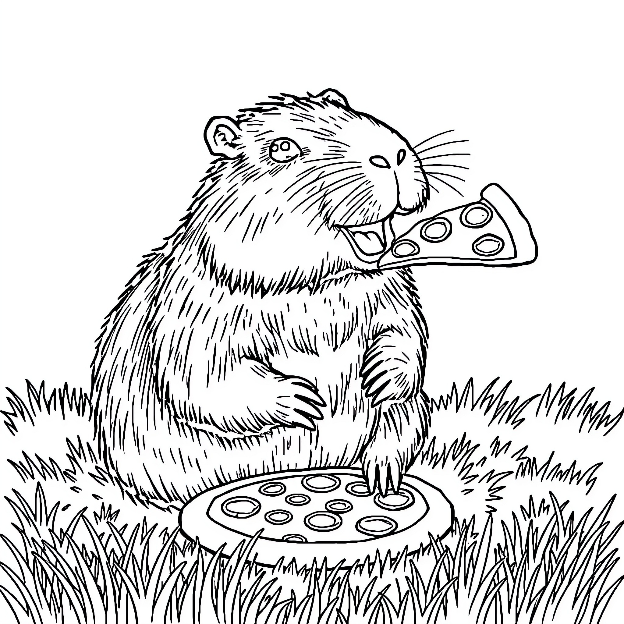 Capybara enjoying a snack in the grass Coloring Page (free black-and-white line drawing printable PDF for all, from beginners to advanced learners, including children, teens, adults, and seniors)