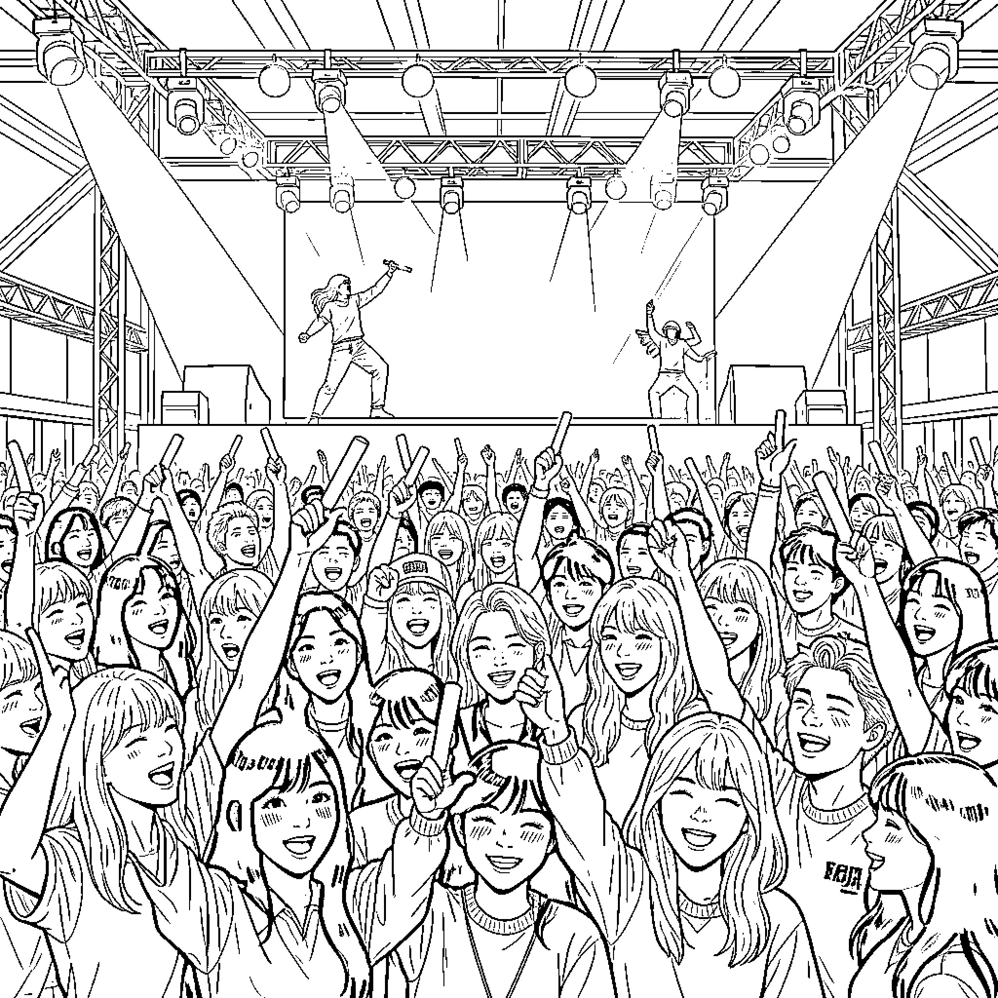 K Pop Performers Electrify Enthusiastic Crowd on Stage Coloring Page (free black-and-white line drawing printable PDF for all, from beginners to advanced learners, including children, teens, adults, and seniors)