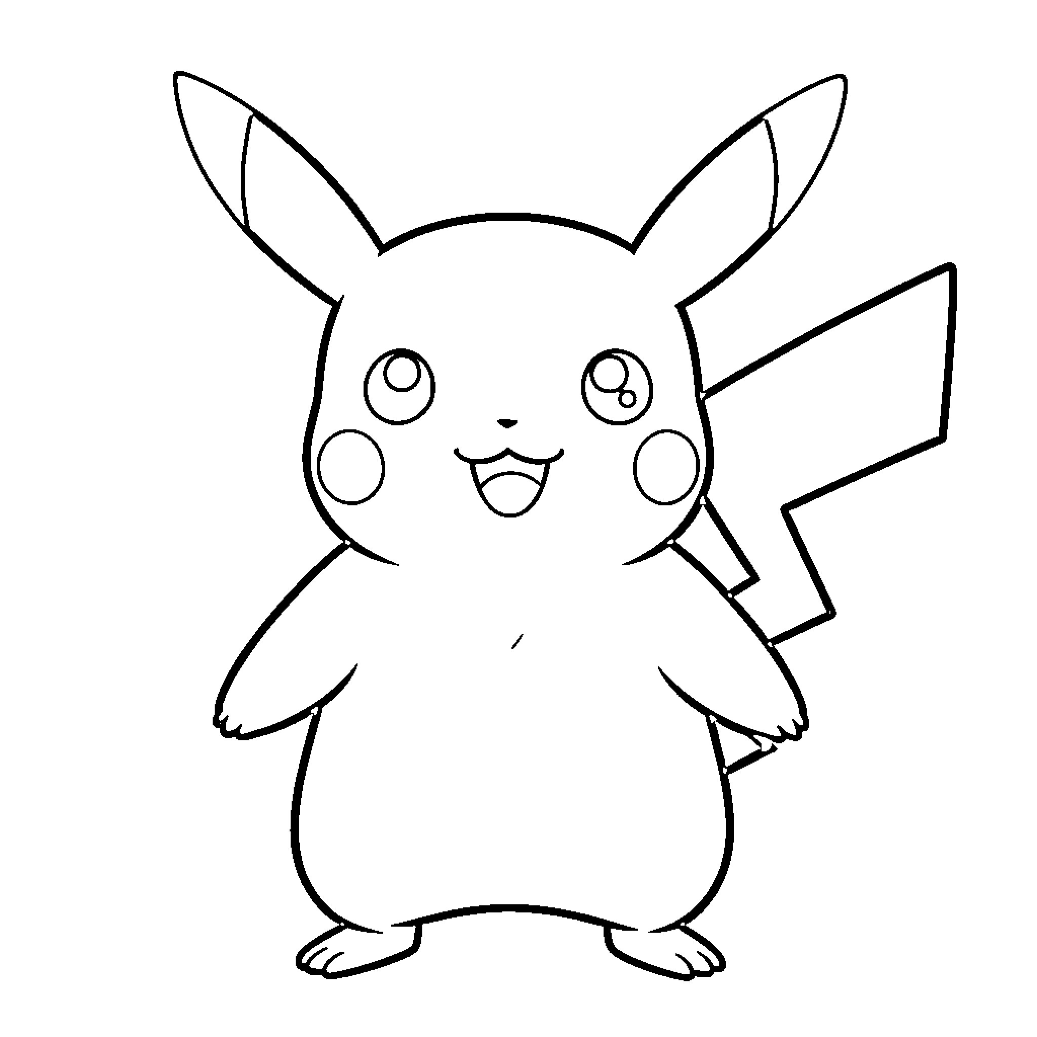 Pikachu standing and smiling happily Coloring Page (free black-and-white line drawing printable PDF for all, from beginners to advanced learners, including children, teens, adults, and seniors)
