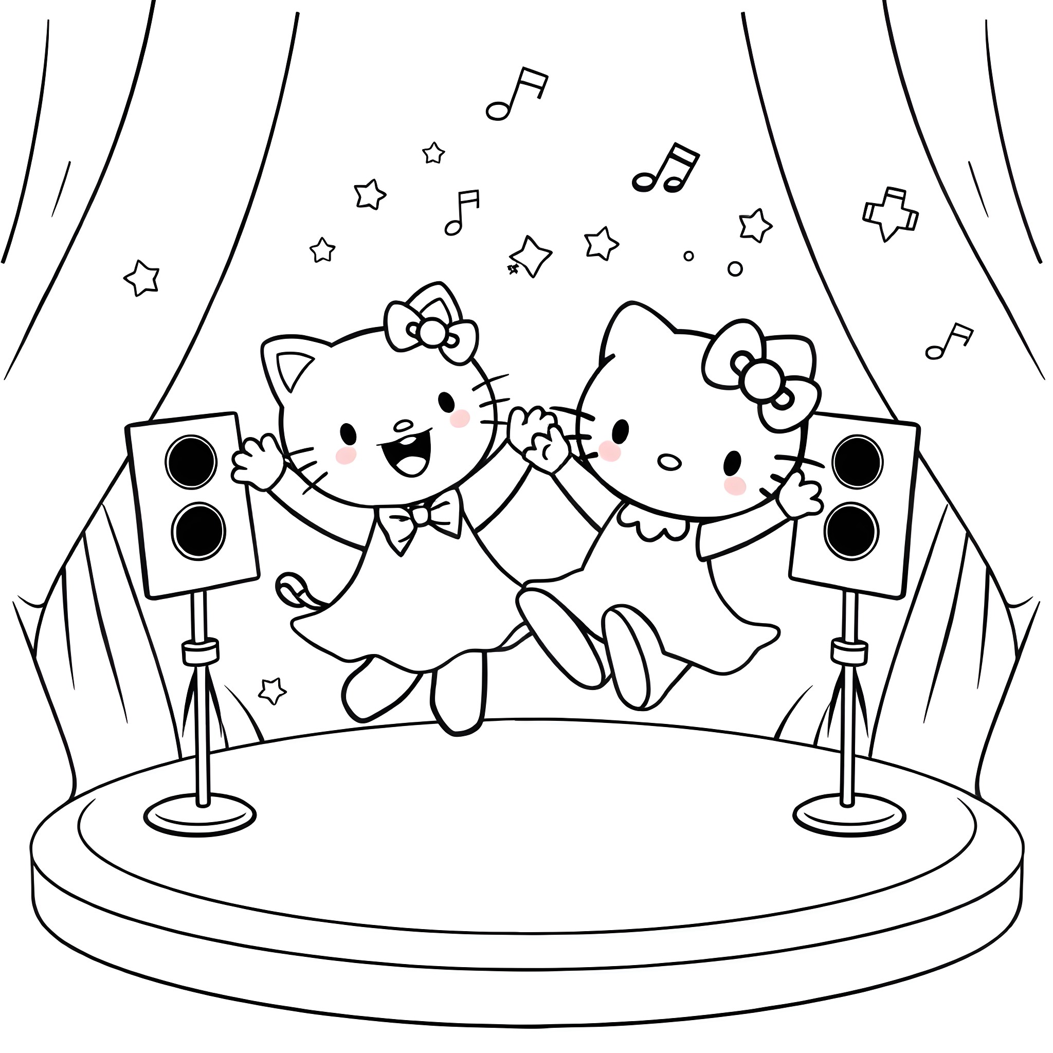 Labubu Performing Happily on Stage with Music Coloring Page (free black-and-white line drawing printable PDF for all, from beginners to advanced learners, including children, teens, adults, and seniors)