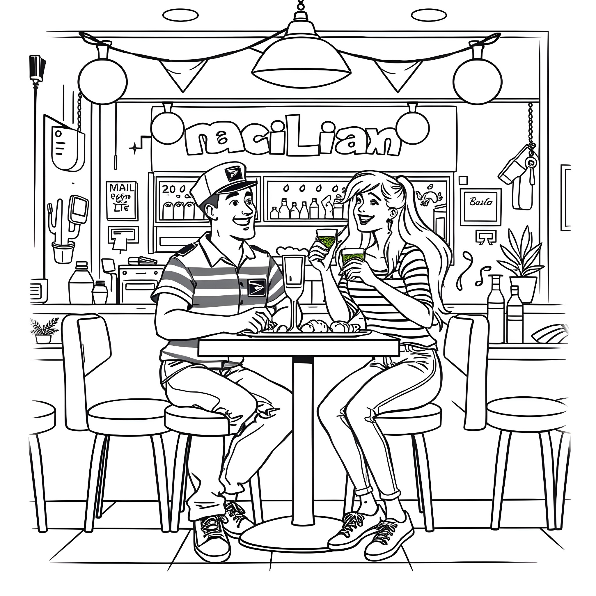 Couple enjoying drinks together at a cafe Coloring Page (free black-and-white line drawing printable PDF for all, from beginners to advanced learners, including children, teens, adults, and seniors)