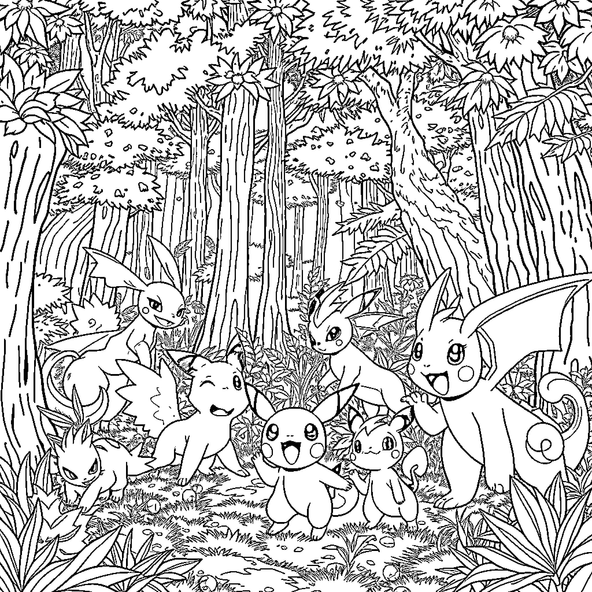 Pokémon gathering together in a lush forest scene Coloring Page (free black-and-white line drawing printable PDF for all, from beginners to advanced learners, including children, teens, adults, and seniors)
