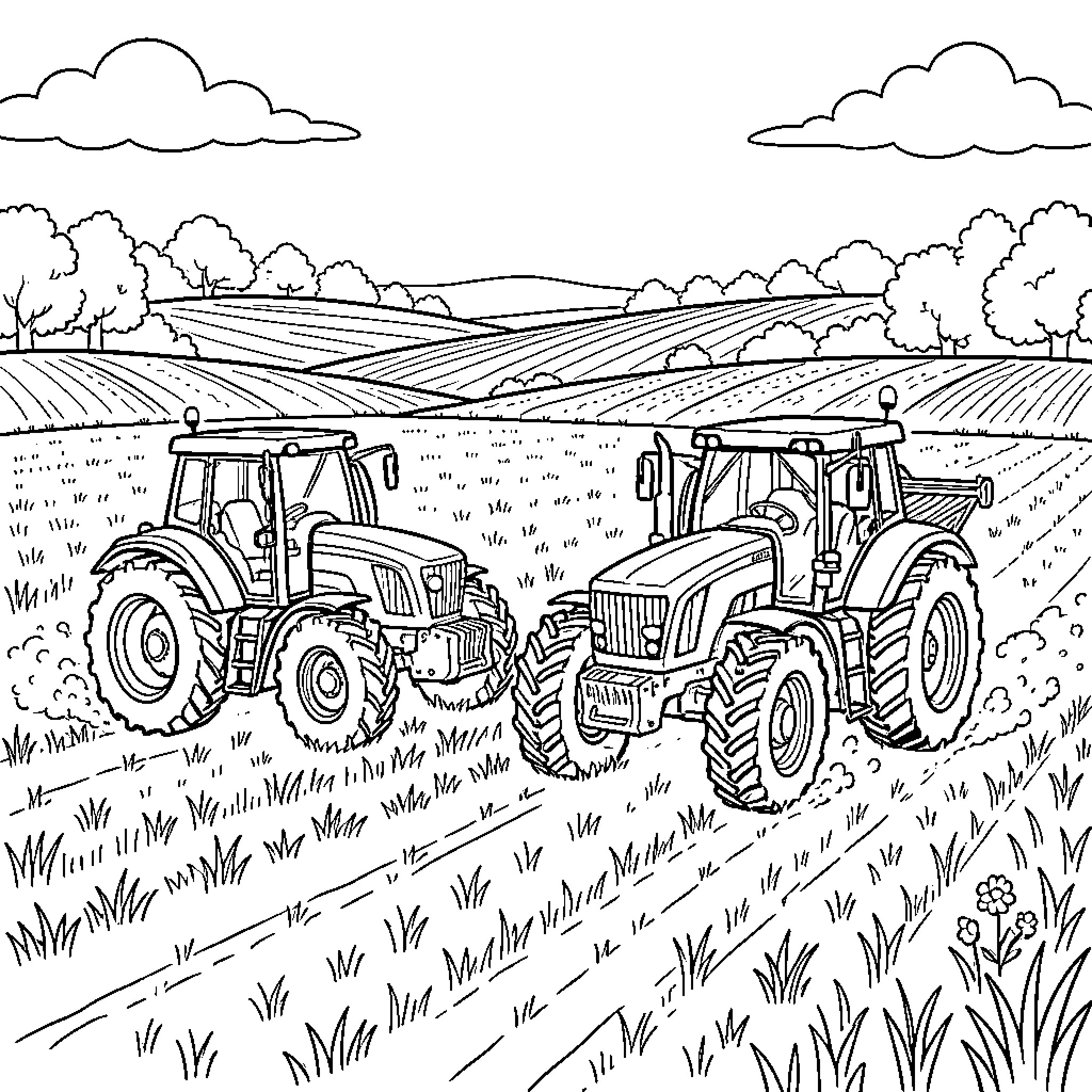 Tractors plowing fields in rural countryside Coloring Page (free black-and-white line drawing printable PDF for all, from beginners to advanced learners, including children, teens, adults, and seniors)
