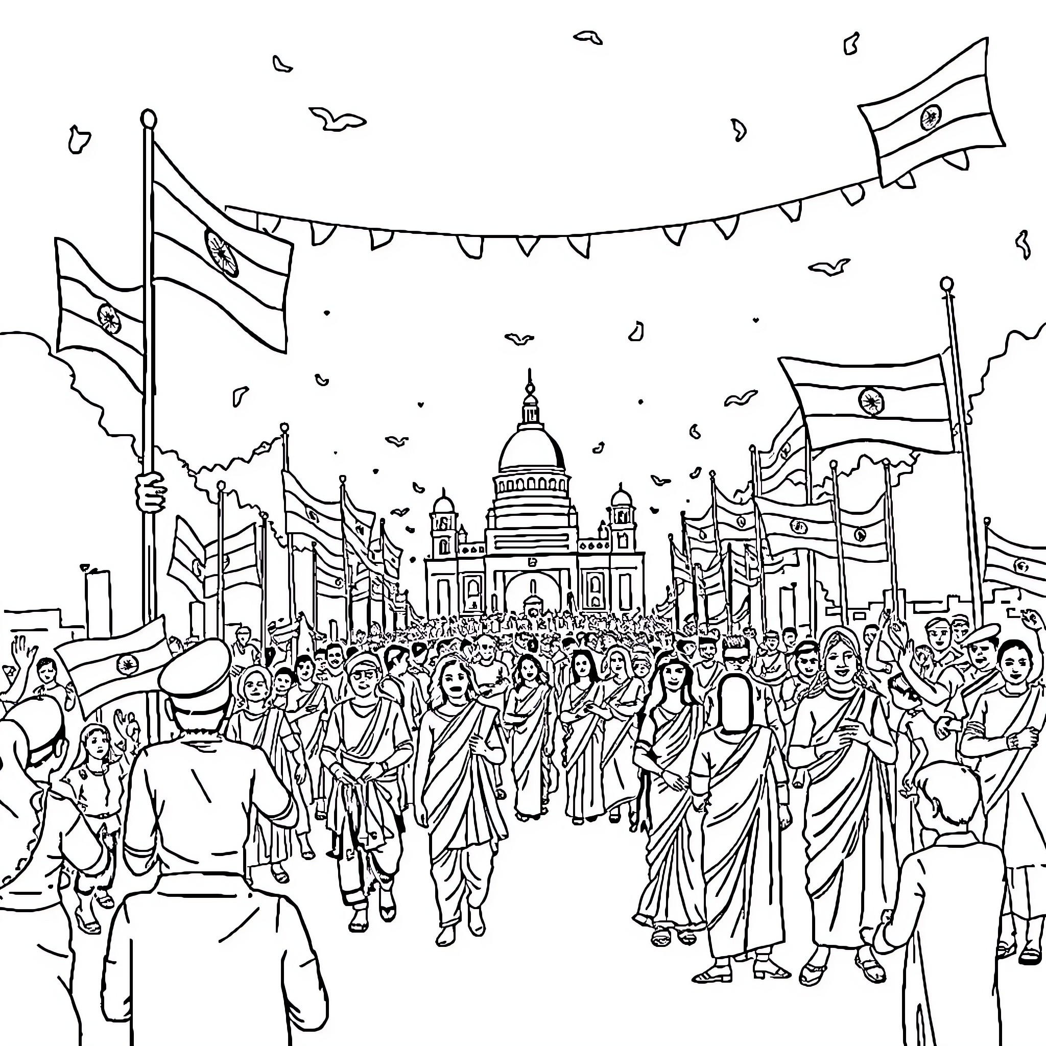Independence Day celebration with crowds, flags, and architecture Coloring Page (free black-and-white line drawing printable PDF for all, from beginners to advanced learners, including children, teens, adults, and seniors)