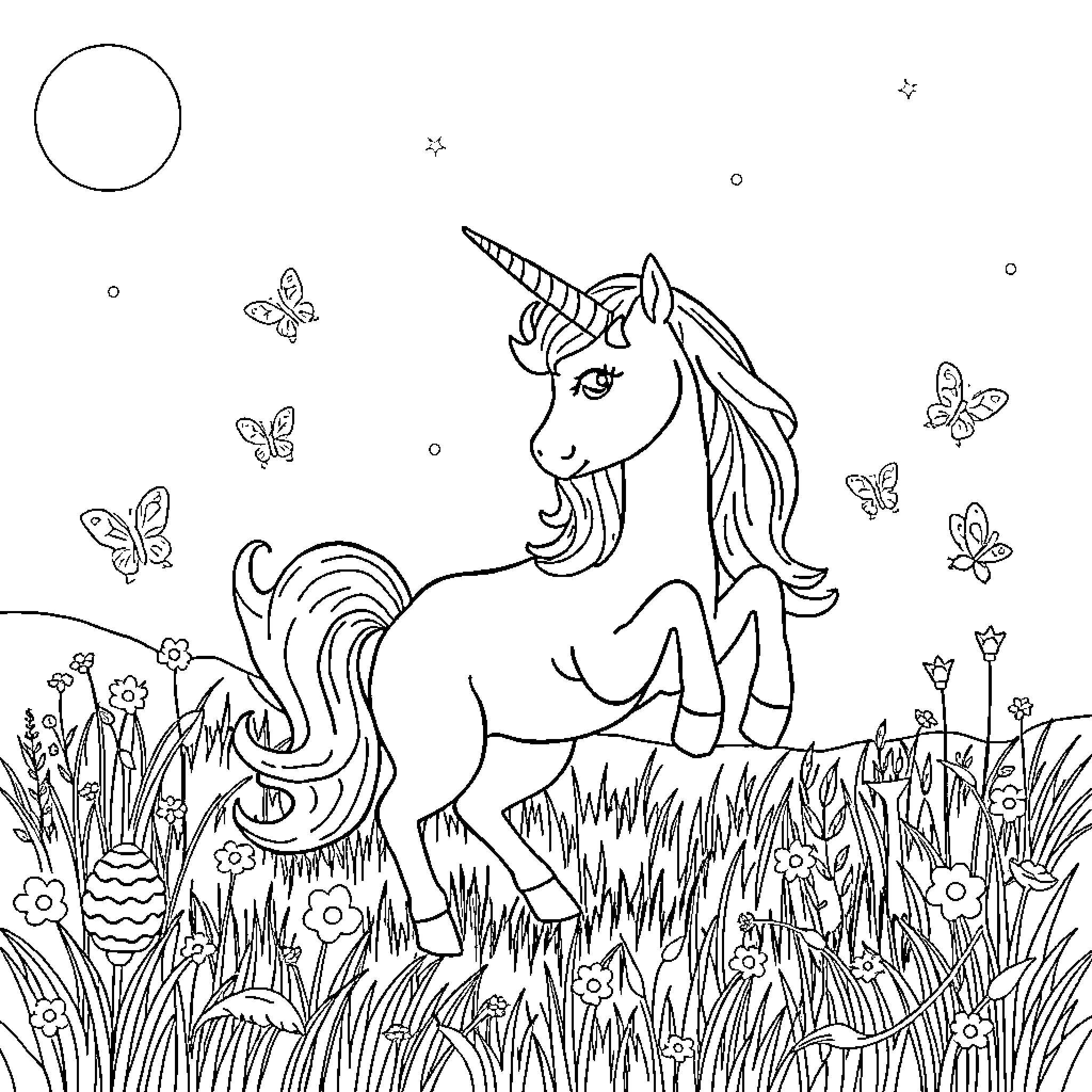 Unicorn frolicking amidst butterflies and flowers Coloring Page (free black-and-white line drawing printable PDF for all, from beginners to advanced learners, including children, teens, adults, and seniors)