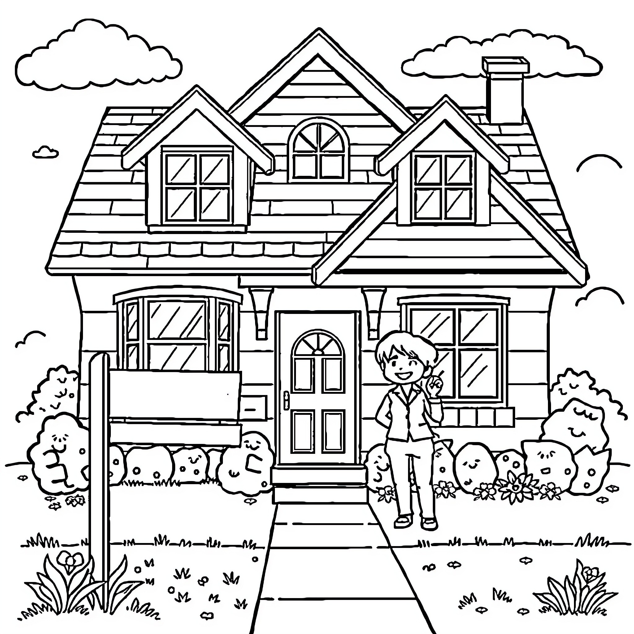 House with a young person in the front yard Coloring Page (free black-and-white line drawing printable PDF for all, from beginners to advanced learners, including children, teens, adults, and seniors)