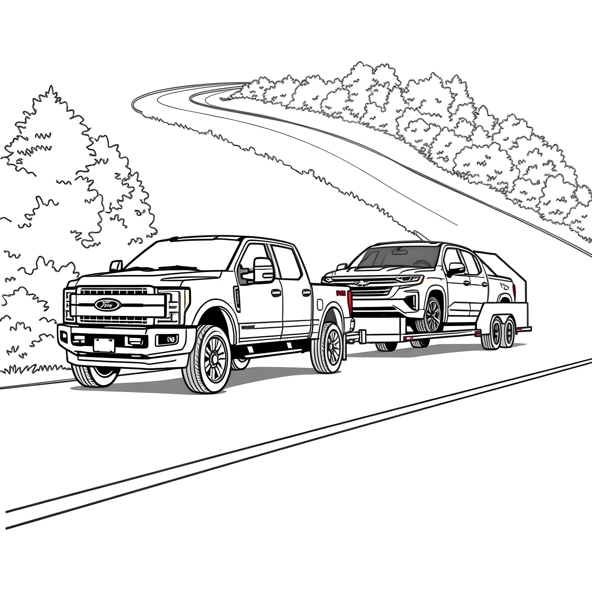 Truck towing another truck on a winding road Coloring Page (free black-and-white line drawing printable PDF for all, from beginners to advanced learners, including children, teens, adults, and seniors)