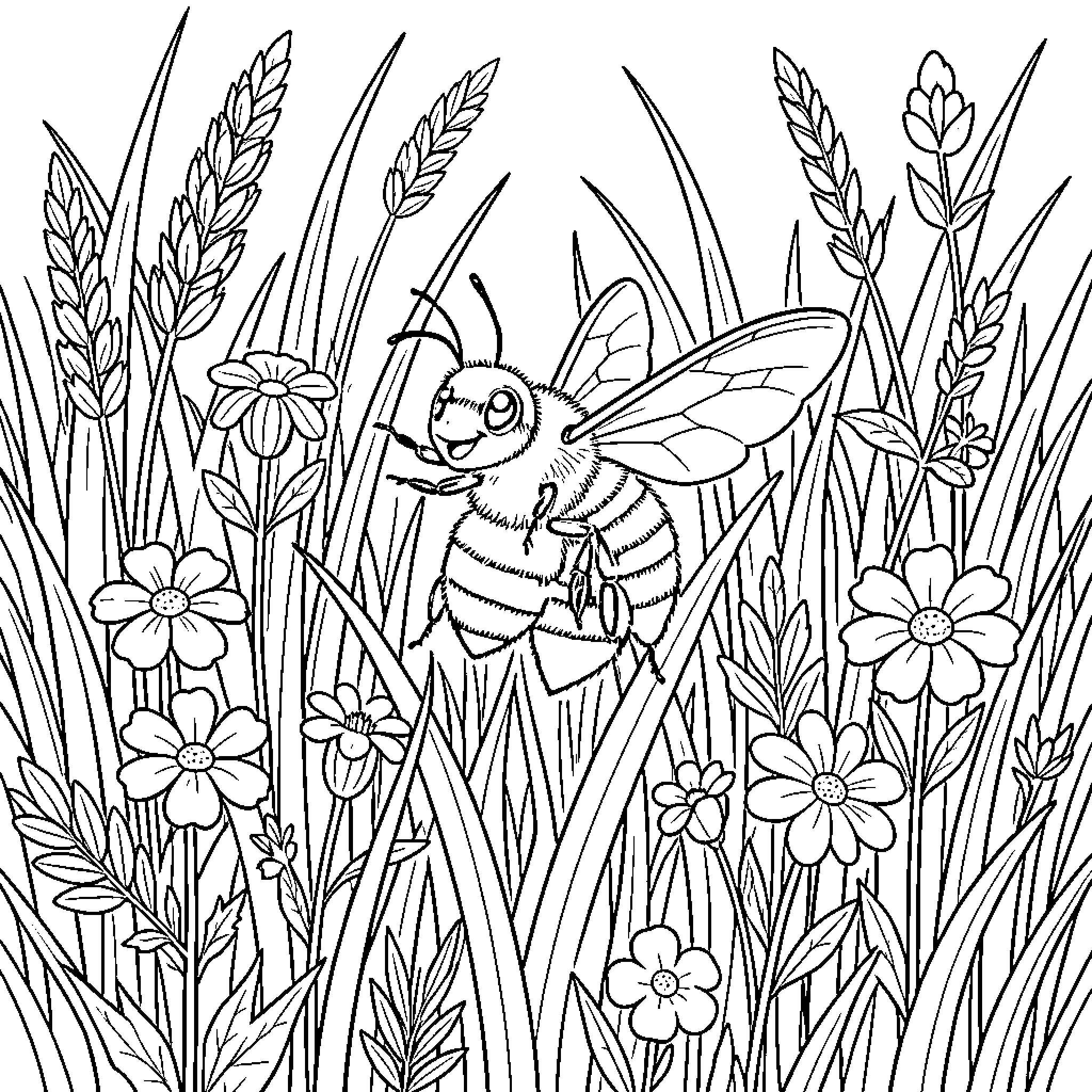 Bumble Bee exploring floral garden Coloring Page (free black-and-white line drawing printable PDF for all, from beginners to advanced learners, including children, teens, adults, and seniors)