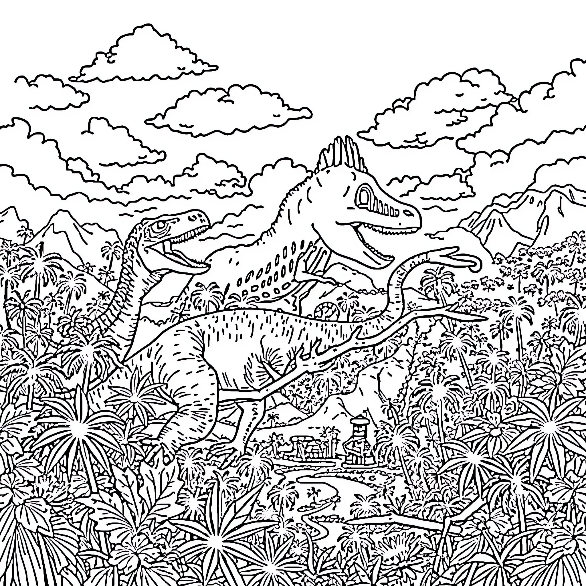 Dinosaurs in a Prehistoric Landscape Coloring Page (free black-and-white line drawing printable PDF for all, from beginners to advanced learners, including children, teens, adults, and seniors)