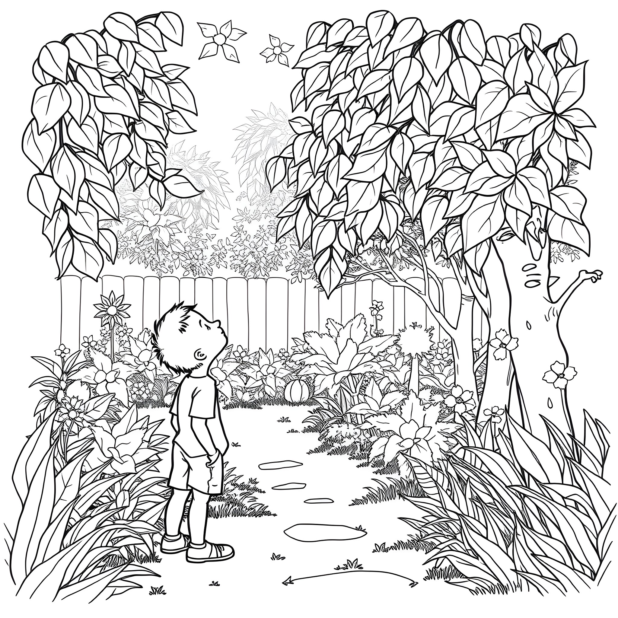 Boy exploring the lush, whimsical garden Coloring Page (free black-and-white line drawing printable PDF for all, from beginners to advanced learners, including children, teens, adults, and seniors)