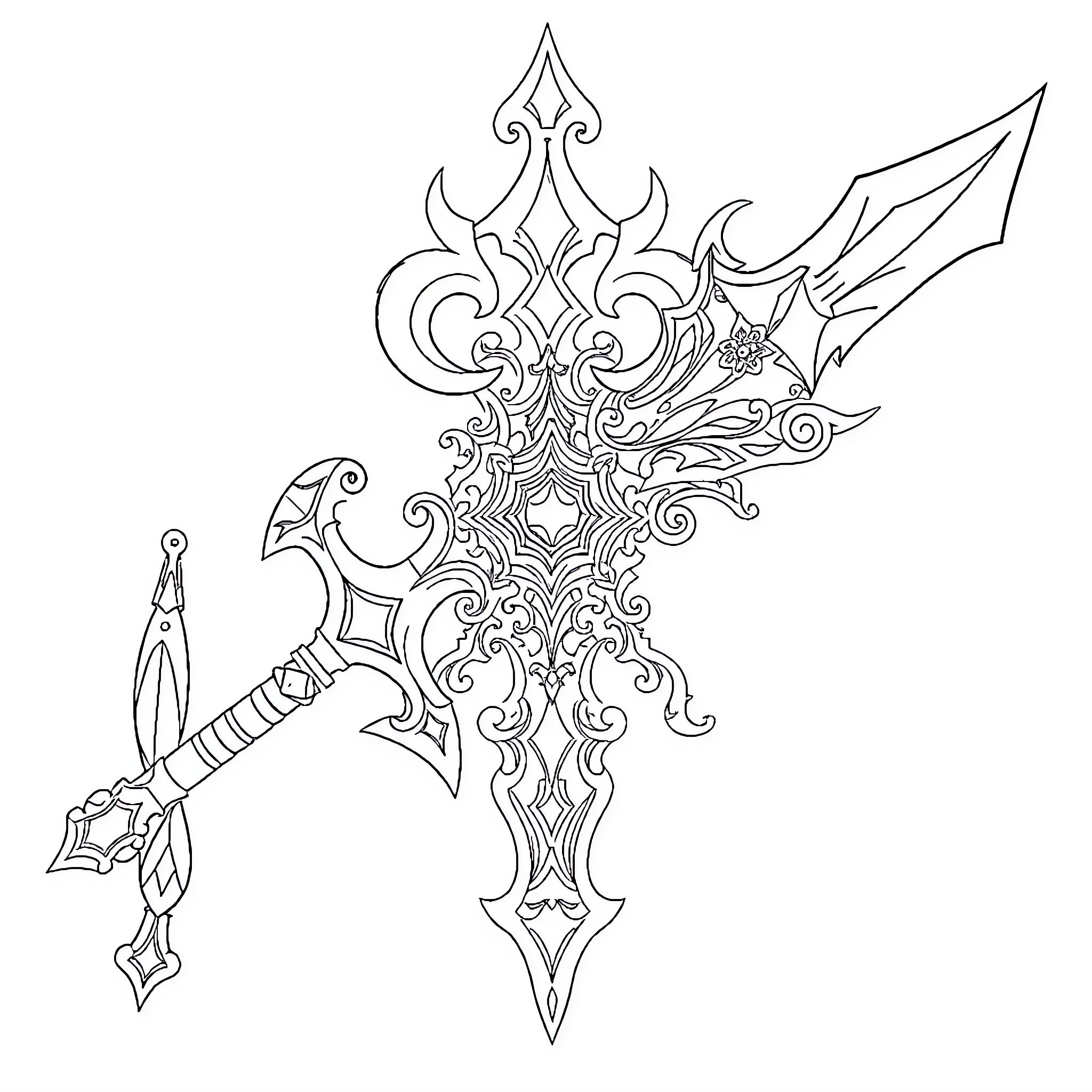 Kairi's Ornate Keyblade Illustration Coloring Page (free black-and-white line drawing printable PDF for all, from beginners to advanced learners, including children, teens, adults, and seniors)