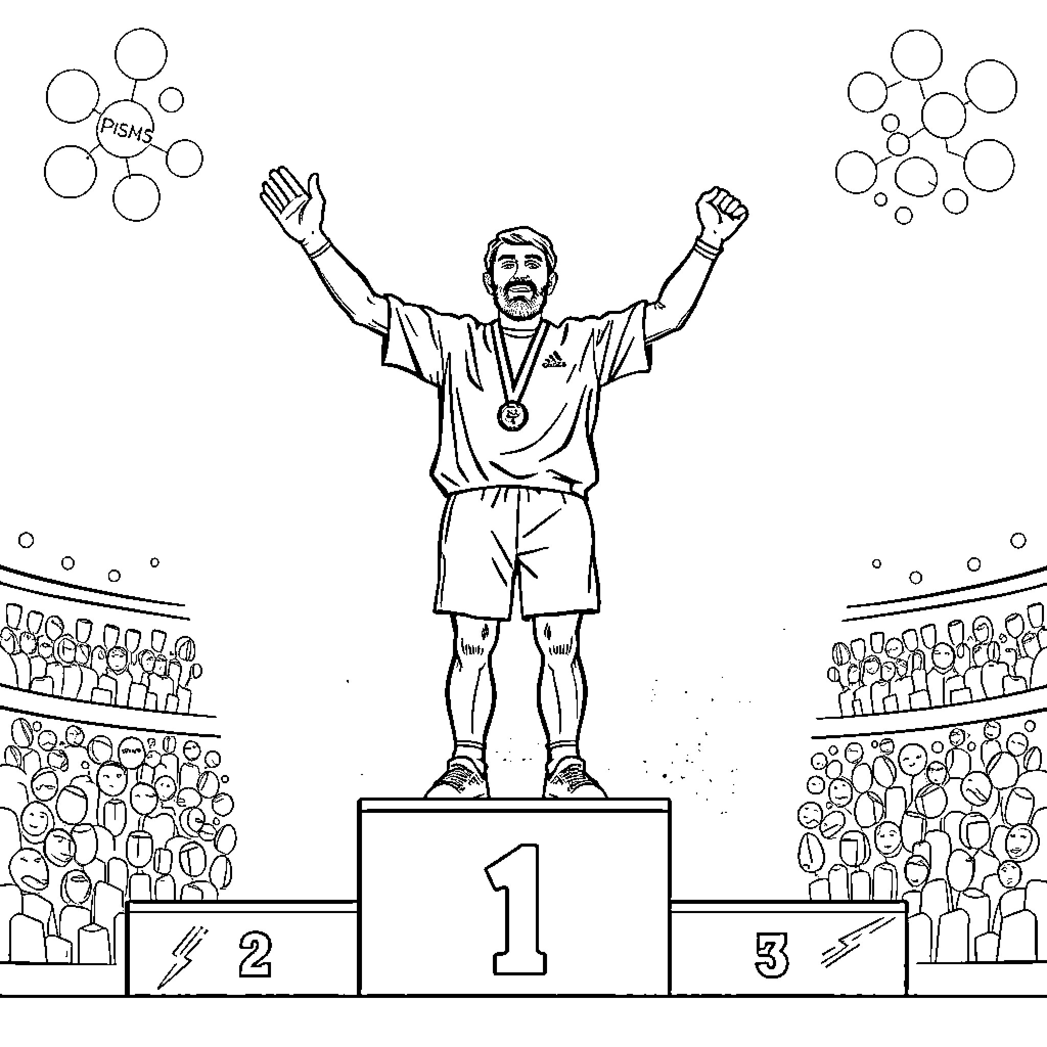 Isack Hadjar celebrating sports victory on podium Coloring Page (free black-and-white line drawing printable PDF for all, from beginners to advanced learners, including children, teens, adults, and seniors)