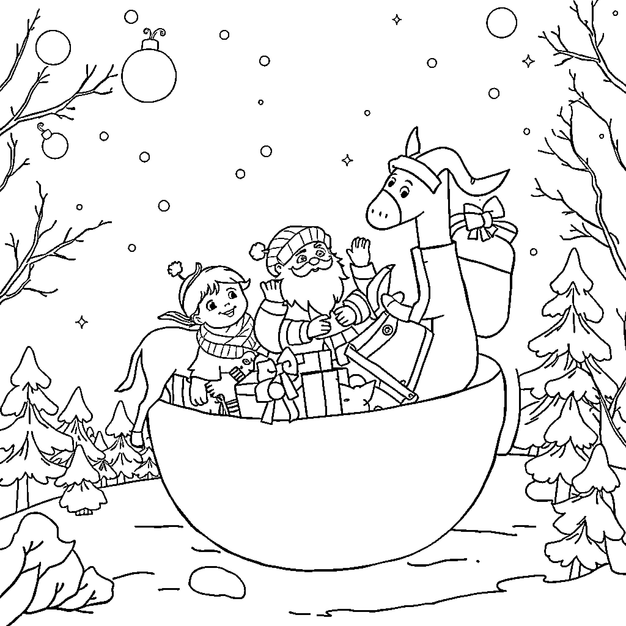 Babbo Natale's Winter Wonderland Adventure Coloring Page (free black-and-white line drawing printable PDF for all, from beginners to advanced learners, including children, teens, adults, and seniors)