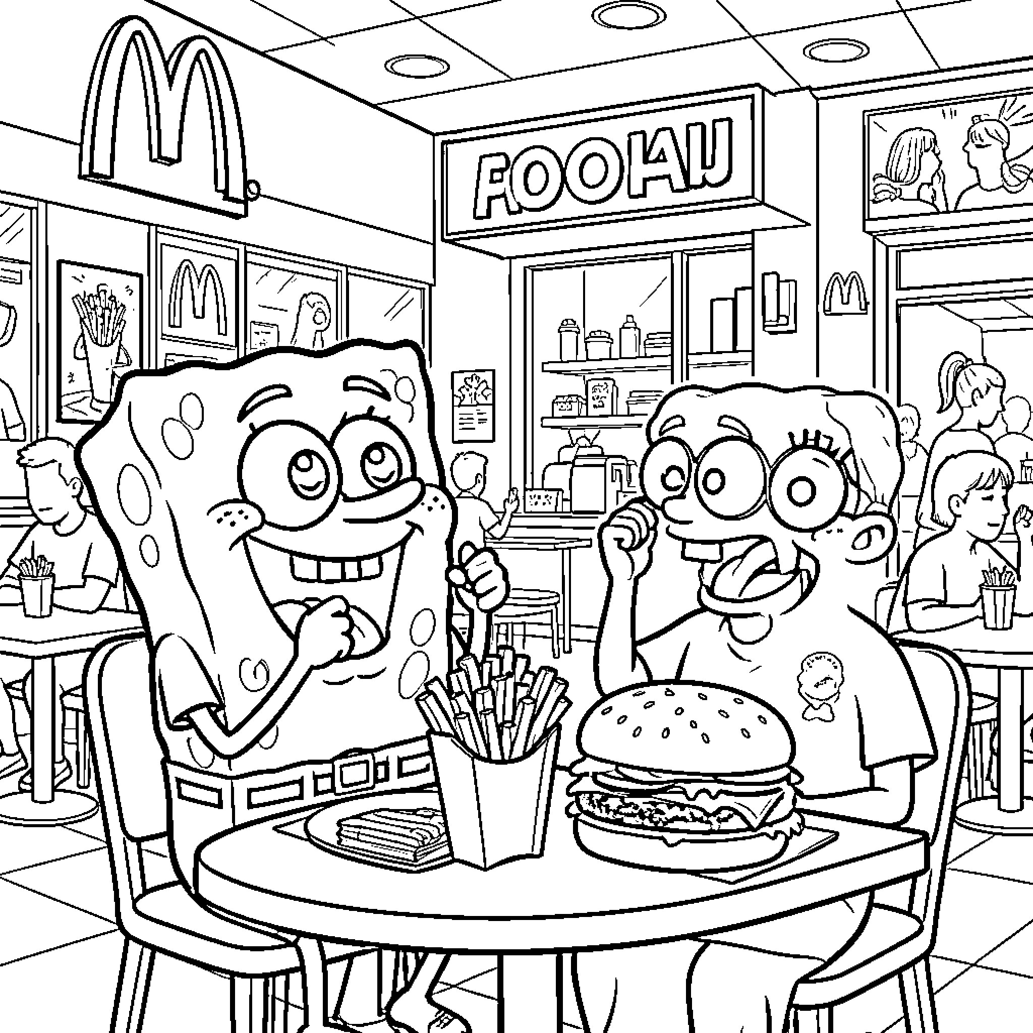 Bob l'éponge eating burgers at a fast food restaurant Coloring Page (free black-and-white line drawing printable PDF for all, from beginners to advanced learners, including children, teens, adults, and seniors)