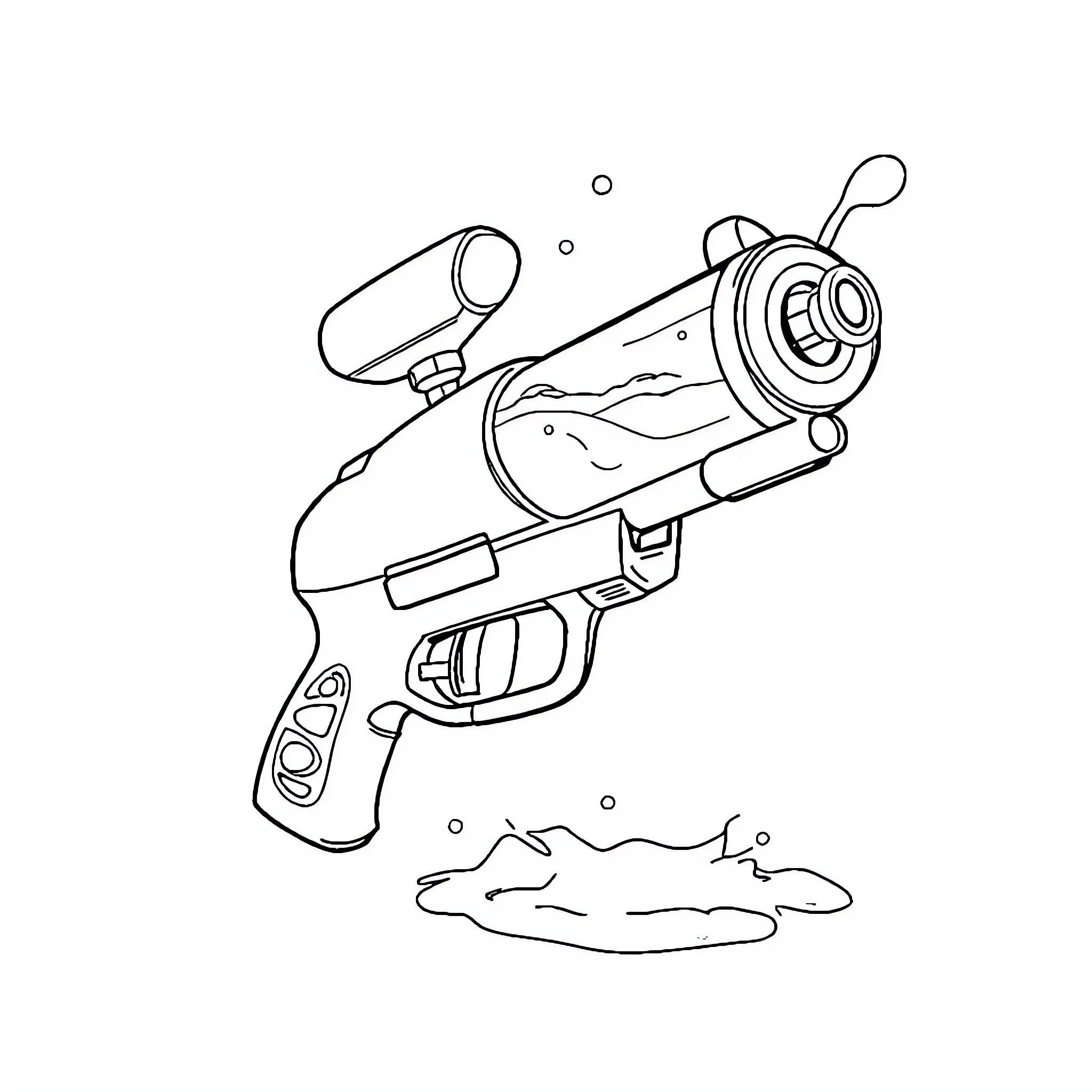 Water Gun Shooting Playfully Coloring Page (free black-and-white line drawing printable PDF for all, from beginners to advanced learners, including children, teens, adults, and seniors)