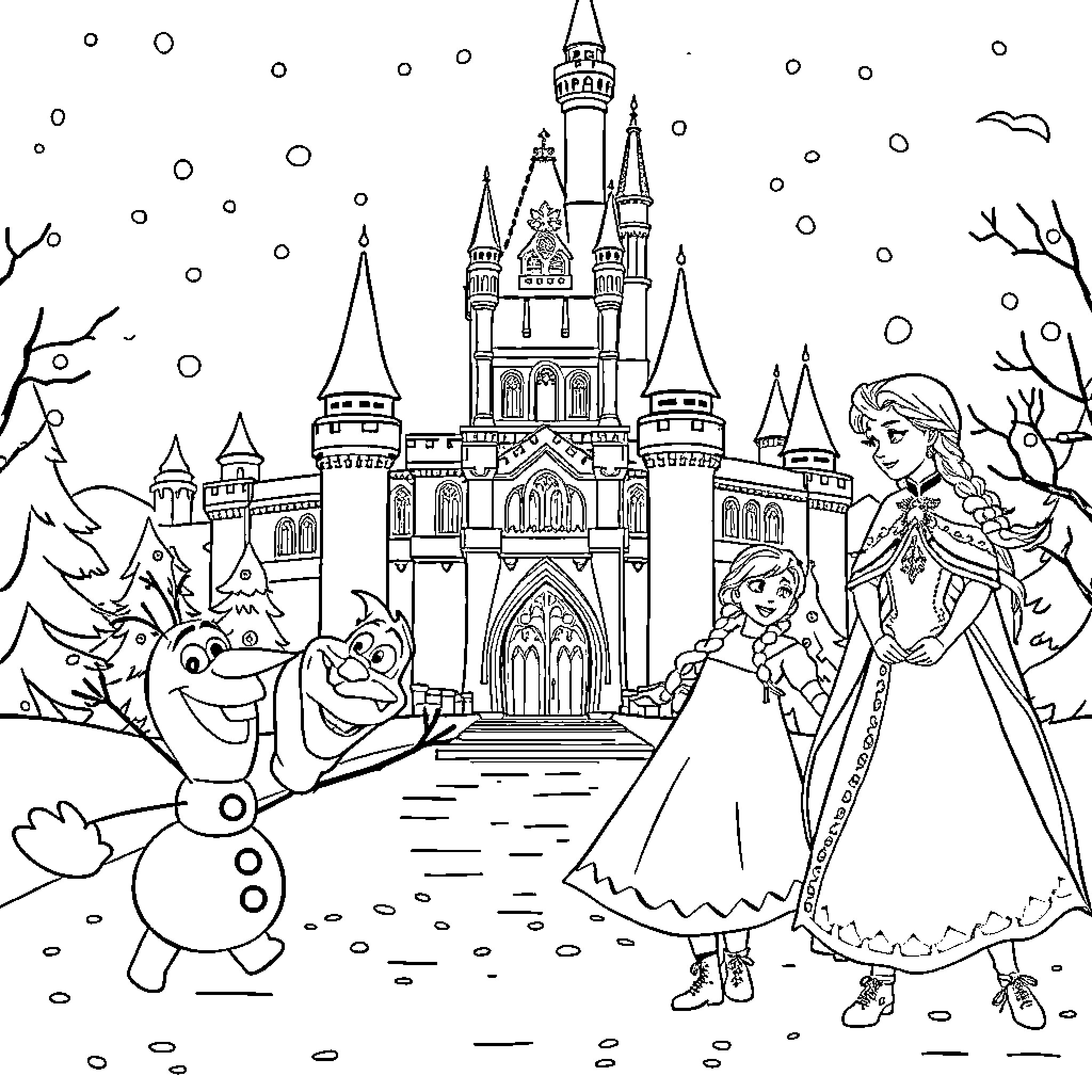 Olaf's Magical Winter Adventure at the Enchanted Castle Coloring Page (free black-and-white line drawing printable PDF for all, from beginners to advanced learners, including children, teens, adults, and seniors)