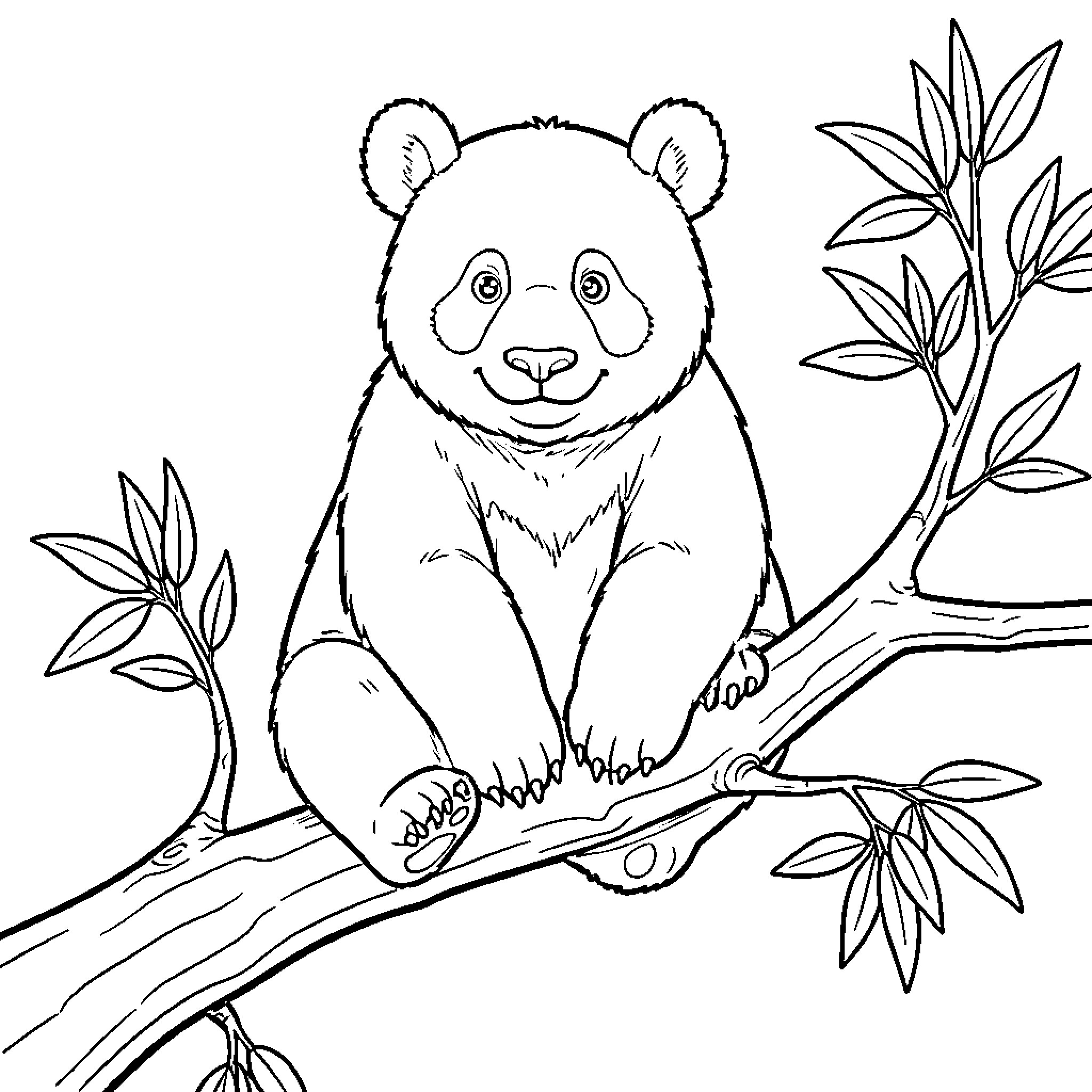 Red Panda Perched on Tree Branch Coloring Page (free black-and-white line drawing printable PDF for all, from beginners to advanced learners, including children, teens, adults, and seniors)