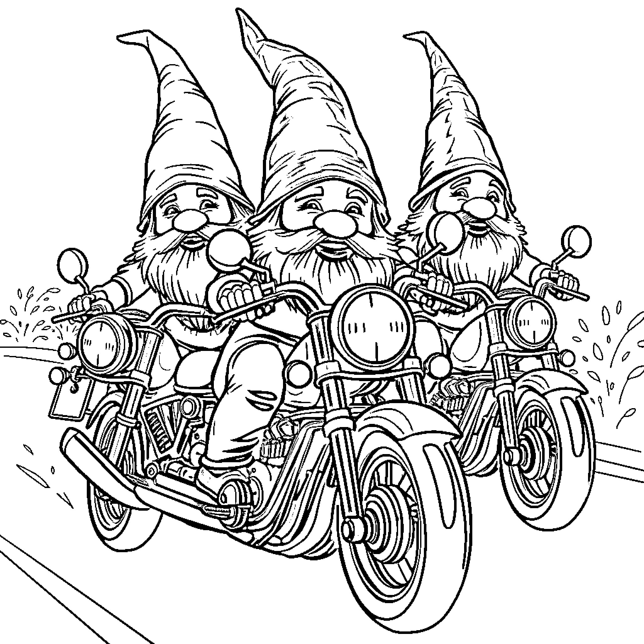 Gnomes riding motorcycles on the road Coloring Page (free black-and-white line drawing printable PDF for all, from beginners to advanced learners, including children, teens, adults, and seniors)