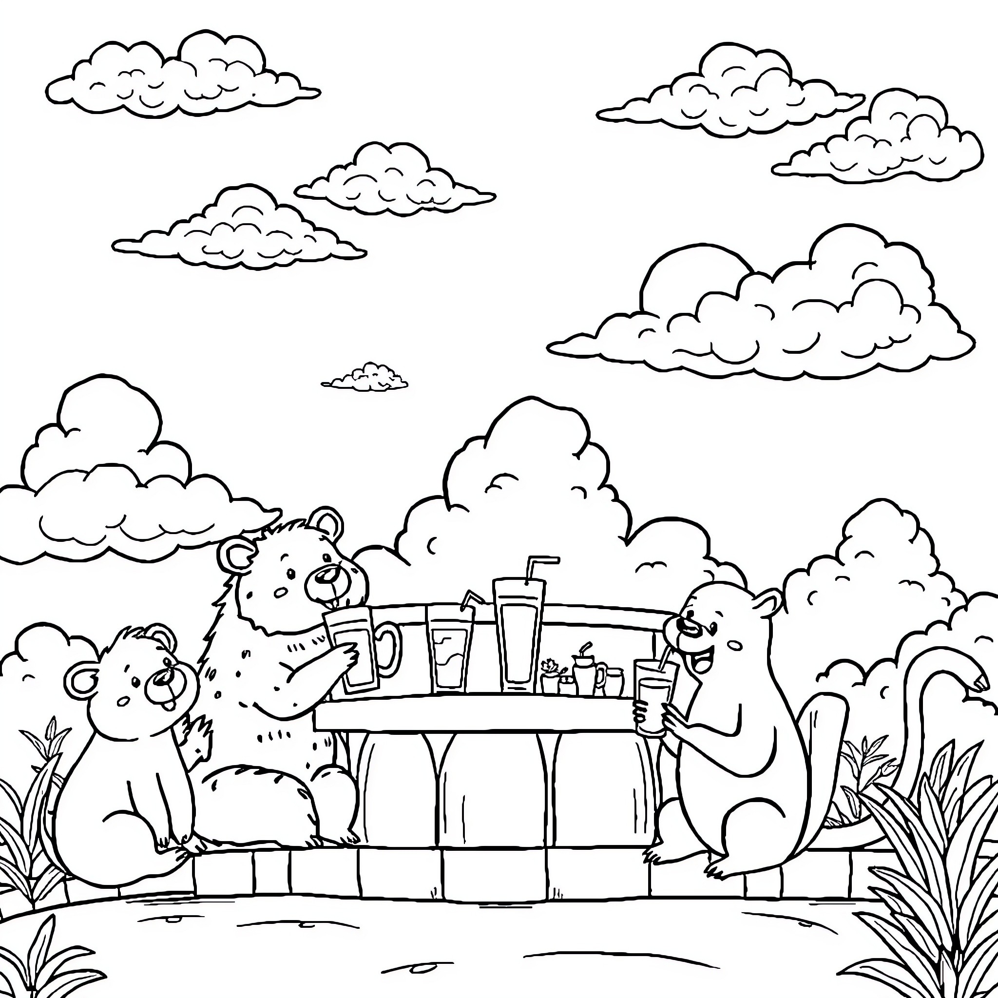 Animal having a picnic in the clouds Coloring Page (free black-and-white line drawing printable PDF for all, from beginners to advanced learners, including children, teens, adults, and seniors)