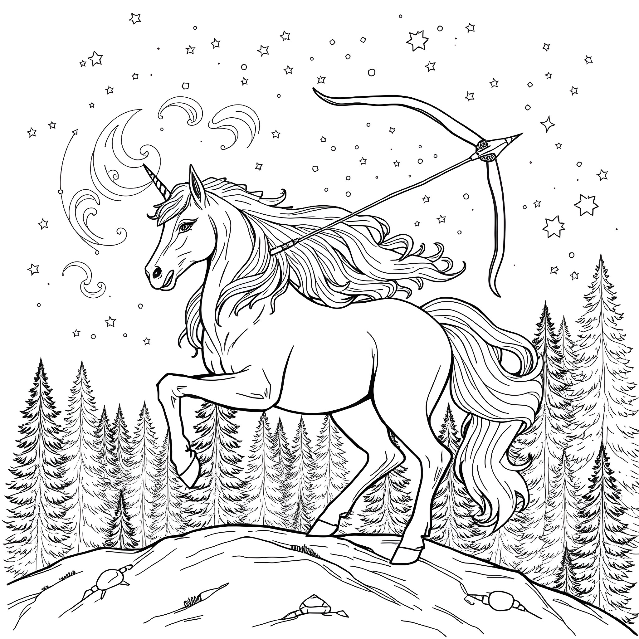 Sagittarius the Archer Unicorn in the Starry Night Coloring Page (free black-and-white line drawing printable PDF for all, from beginners to advanced learners, including children, teens, adults, and seniors)